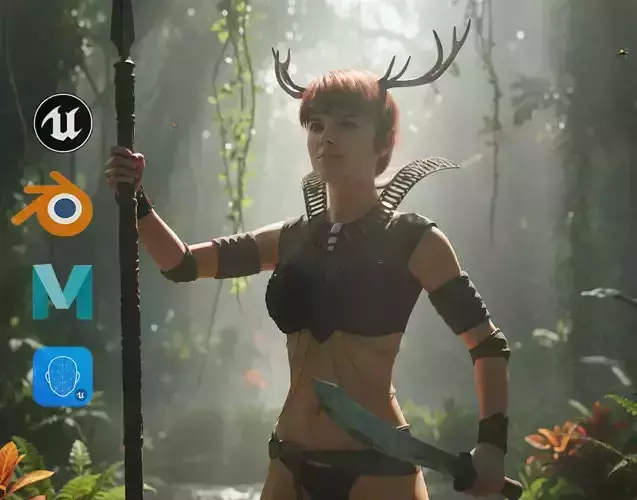 Fantasy Antlered Tribal Girl Wild Huntress Antler Woman Low-poly 3D model