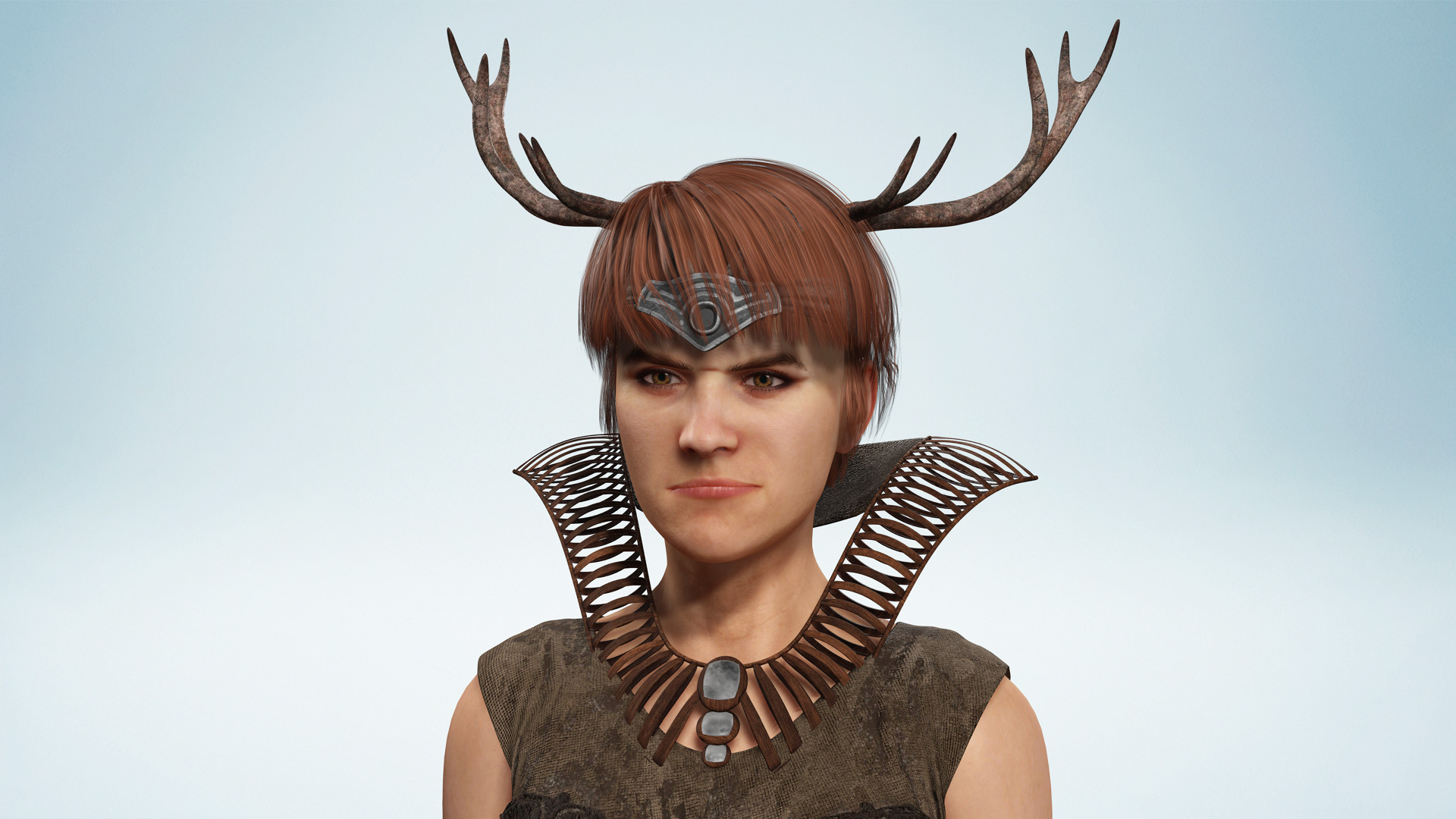 Fantasy Antlered Tribal Girl Wild Huntress Antler Woman Low-poly 3D model_7