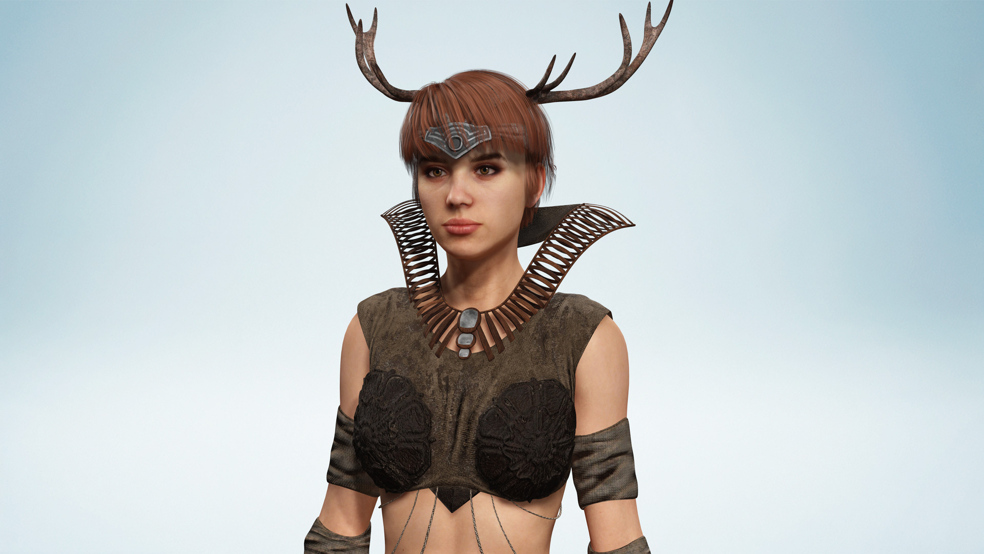 Fantasy Antlered Tribal Girl Wild Huntress Antler Woman Low-poly 3D model_2