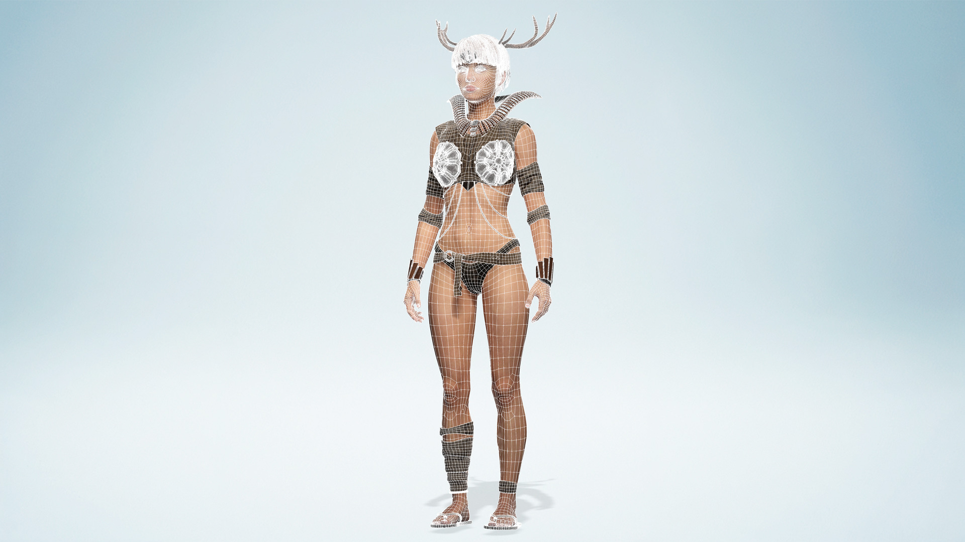 Fantasy Antlered Tribal Girl Wild Huntress Antler Woman Low-poly 3D model_24
