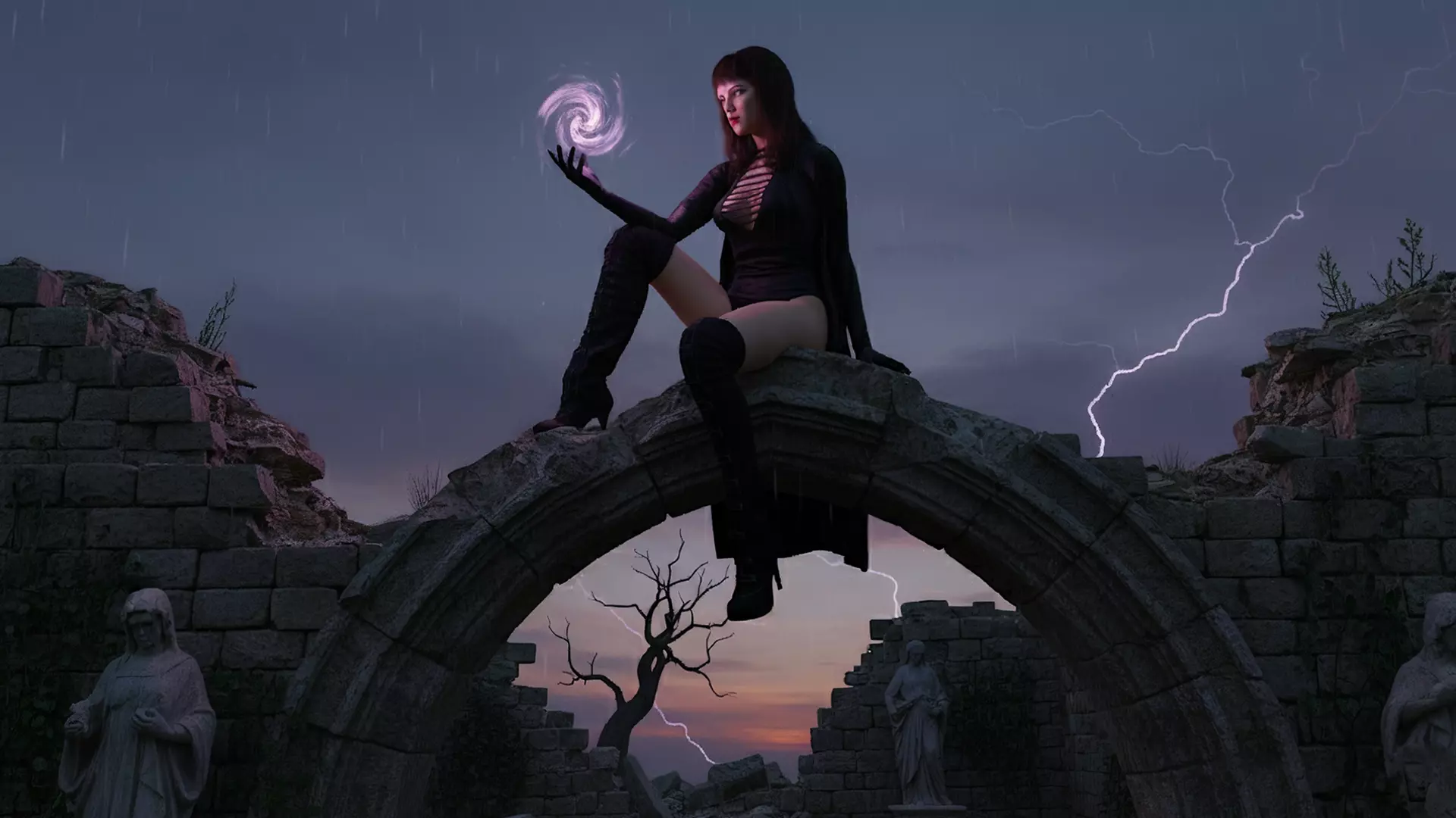 Realistic Dark Sorceress Woman Character Magic Low-poly 3D model_3