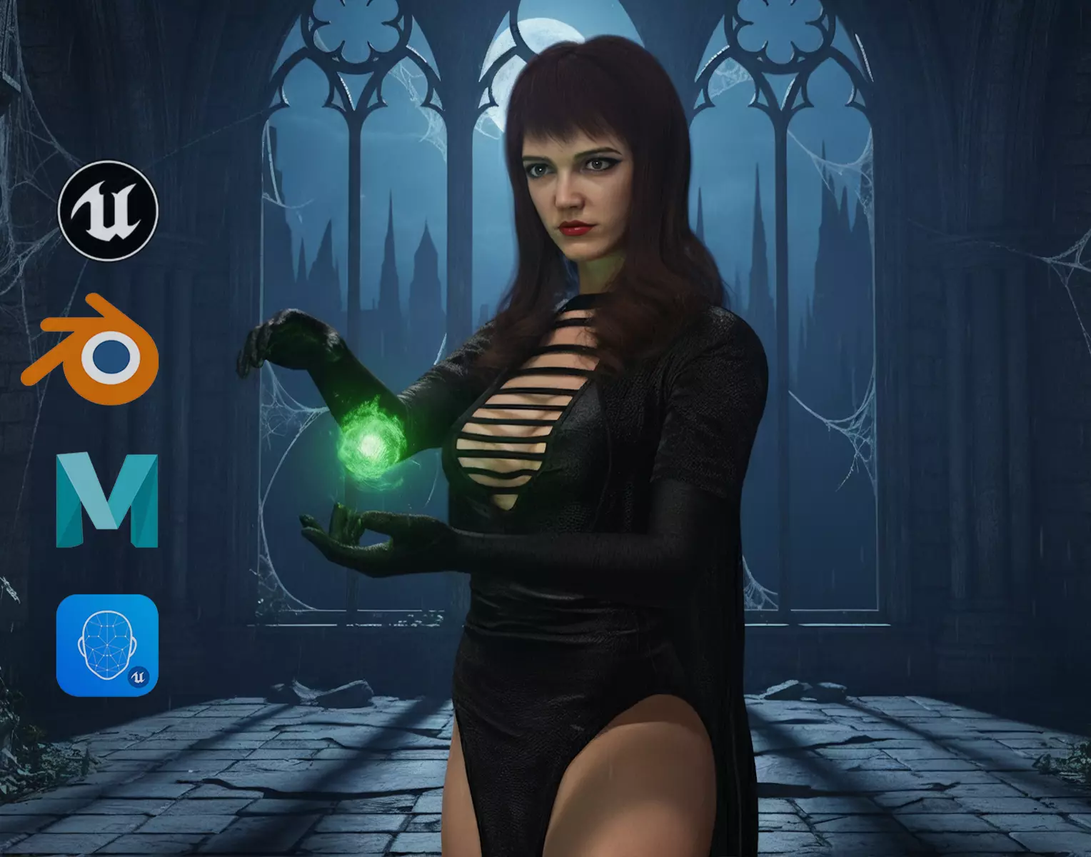 Realistic Dark Sorceress Woman Character Magic Low-poly 3D model_0