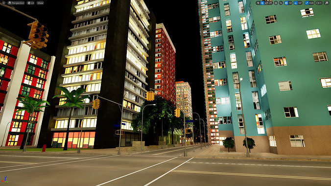 City Downtown Skyscraper Street - Night - Unreal - Lot 04 Low-poly 3D model