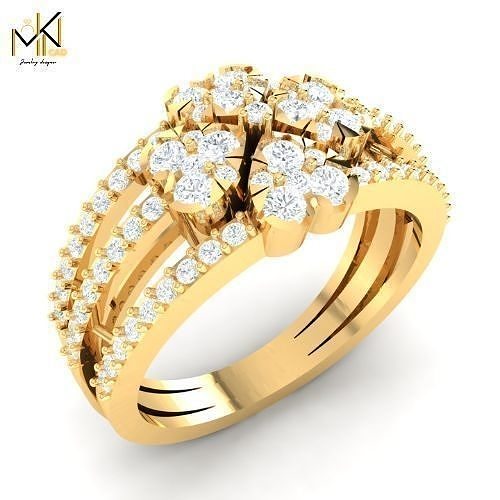 Double Floral Cluster Gold Ring   Diamond-Style Jewelry  3D print model