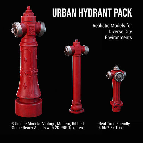 Urban Fire Hydrant Pack - Game Ready PBR Low-poly 3D model