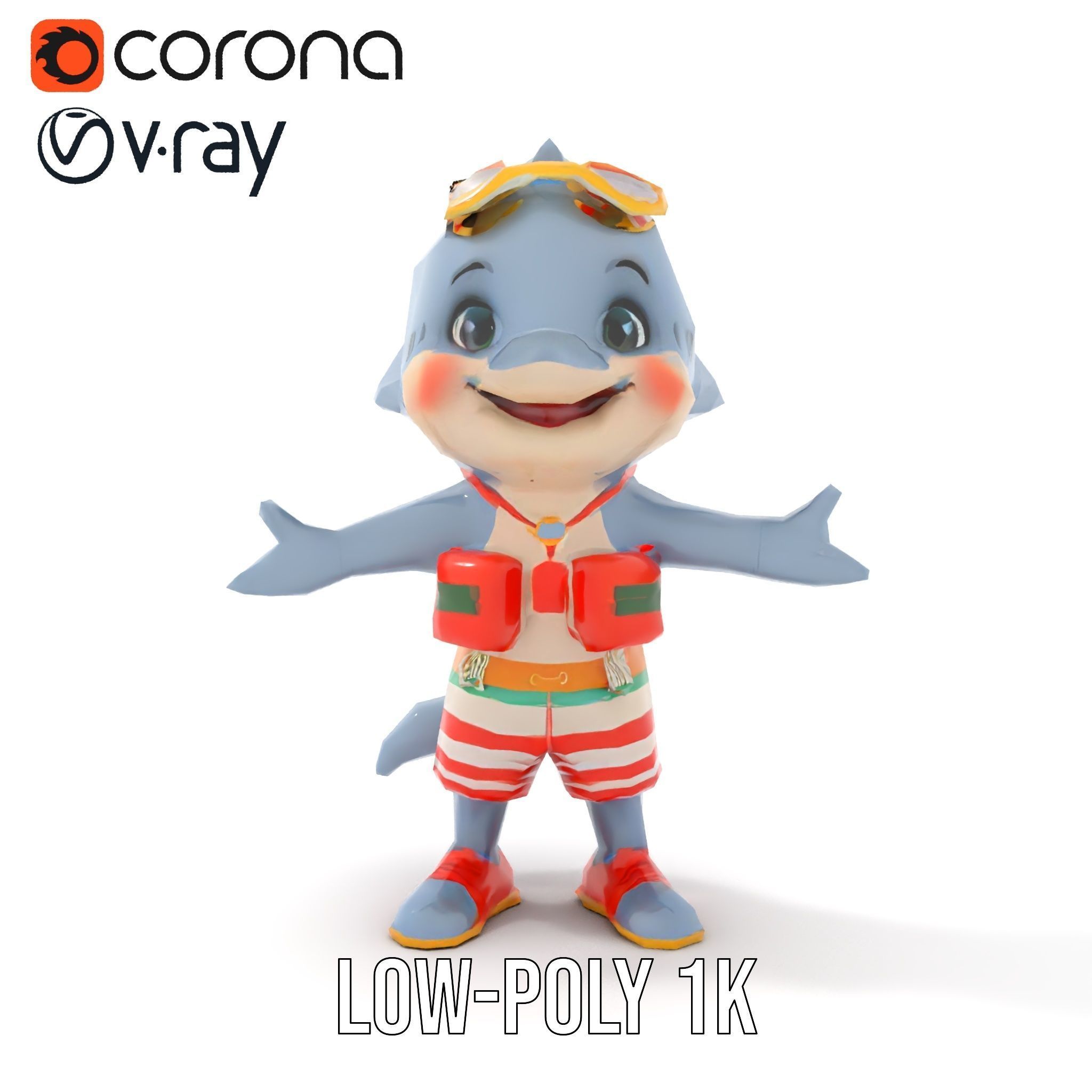 Cheerful Dolphin Character Rigged and Animated in Summer Attire Low-poly 3D model_26