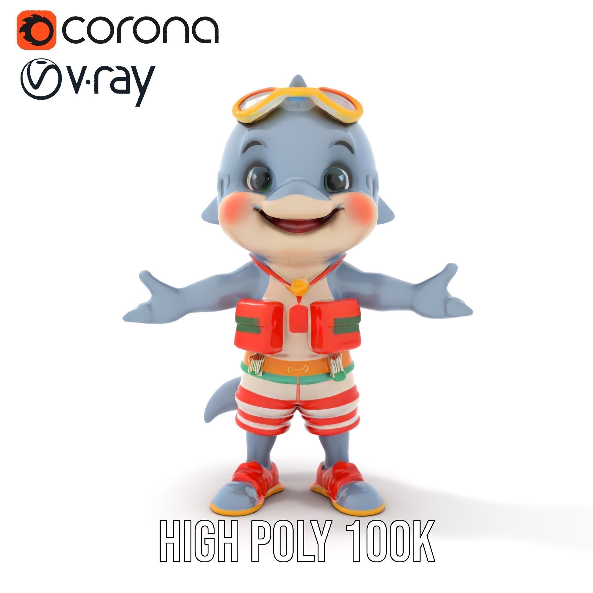 Cheerful Dolphin Character Rigged and Animated in Summer Attire Low-poly 3D model_24