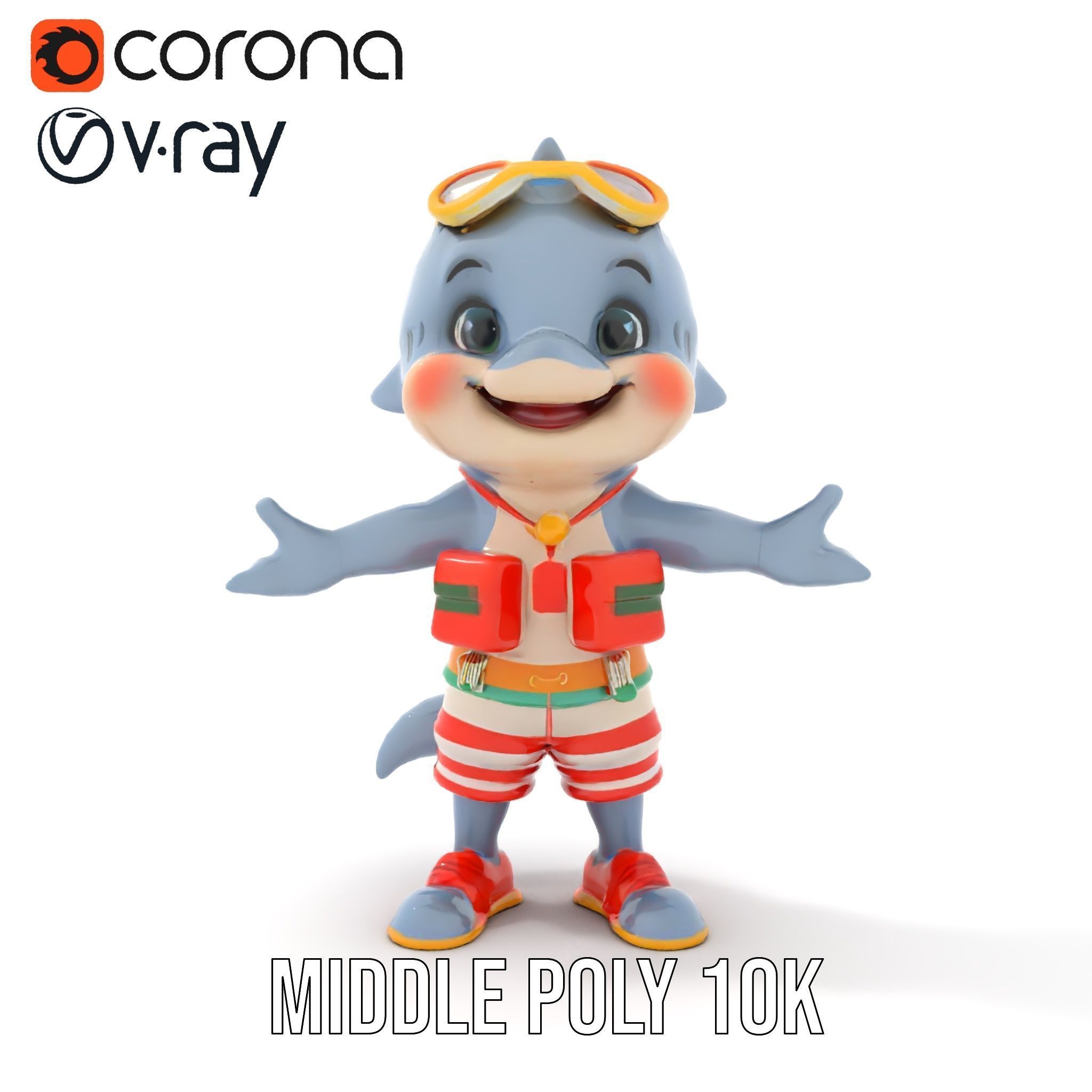 Cheerful Dolphin Character Rigged and Animated in Summer Attire Low-poly 3D model_16
