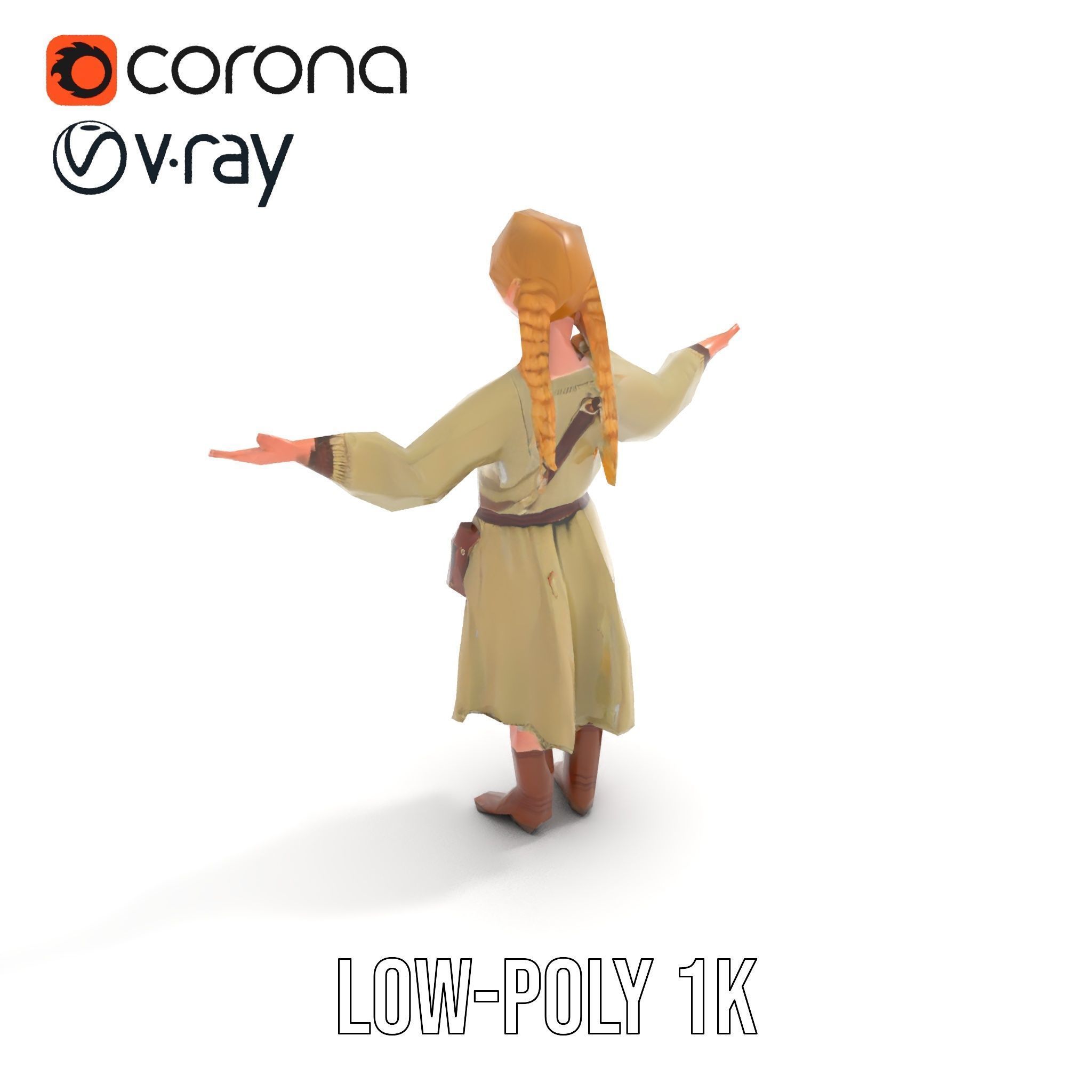 Medieval Female Adventurer Character Rigged and Animated Low-poly 3D model_8