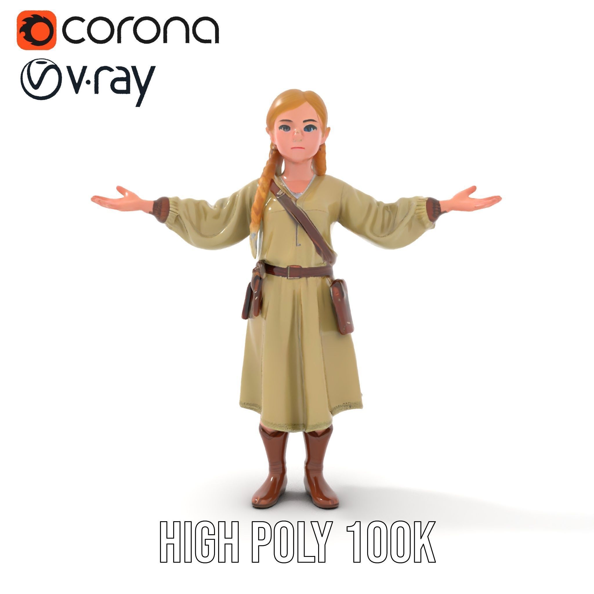 Medieval Female Adventurer Character Rigged and Animated Low-poly 3D model_34