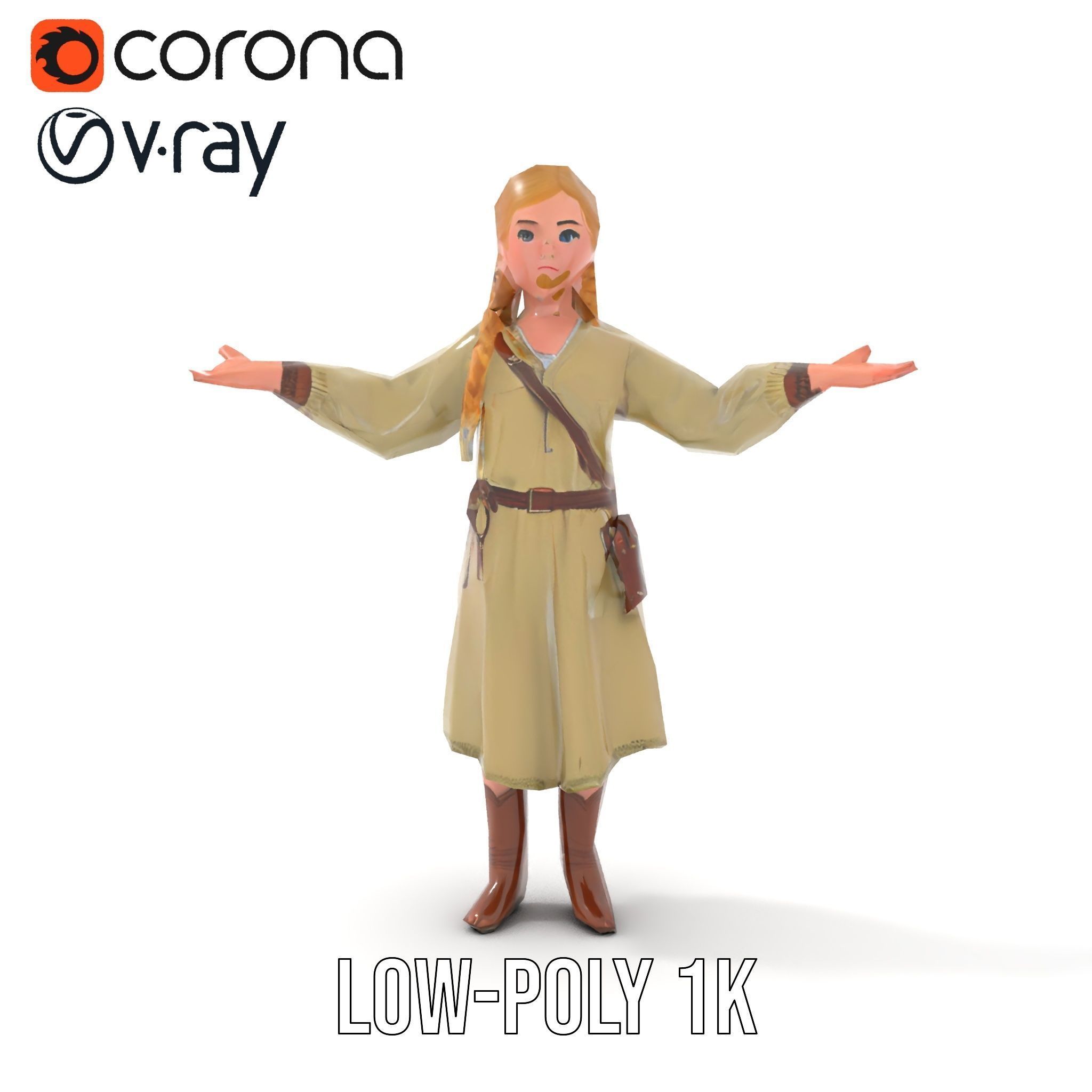 Medieval Female Adventurer Character Rigged and Animated Low-poly 3D model_17
