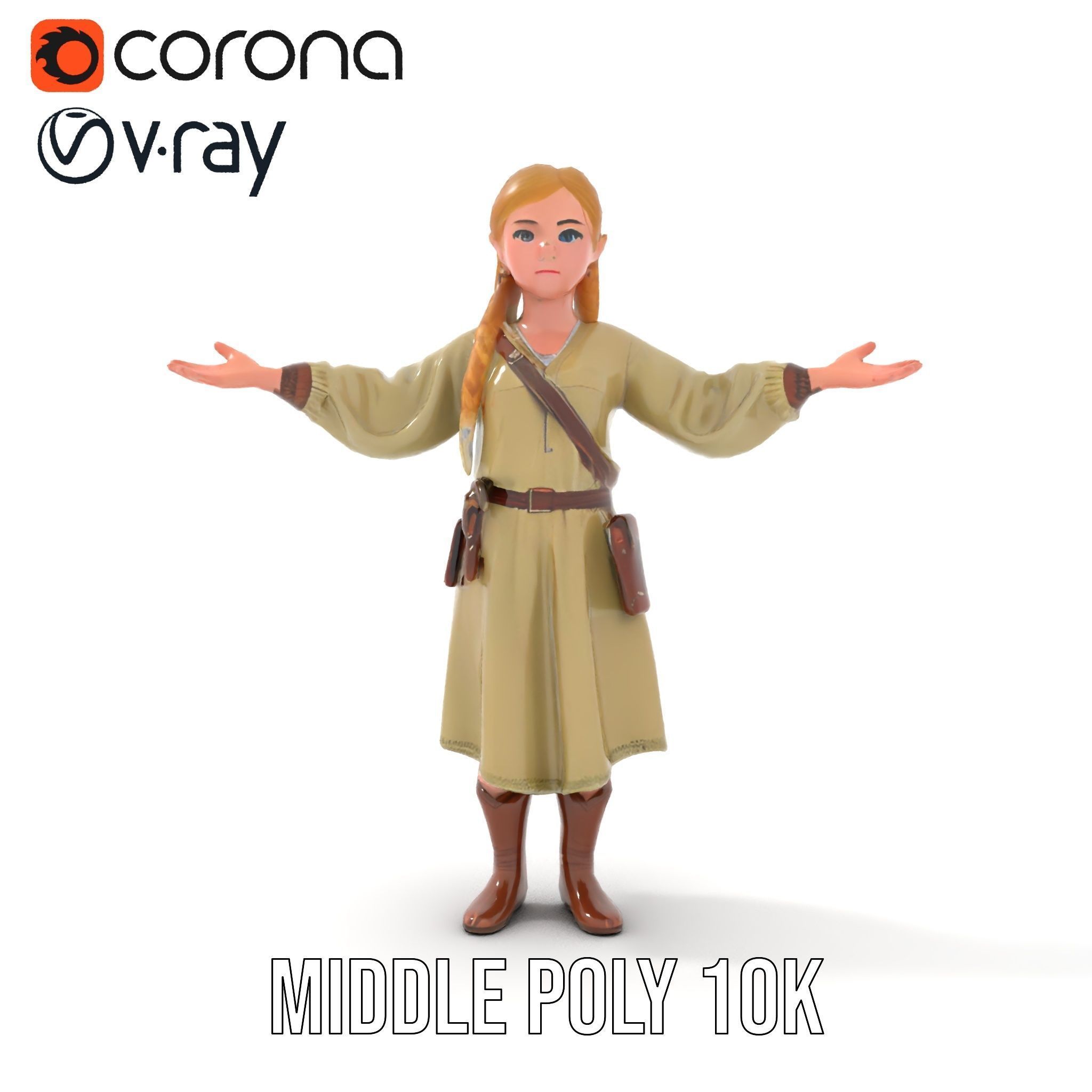 Medieval Female Adventurer Character Rigged and Animated Low-poly 3D model_33