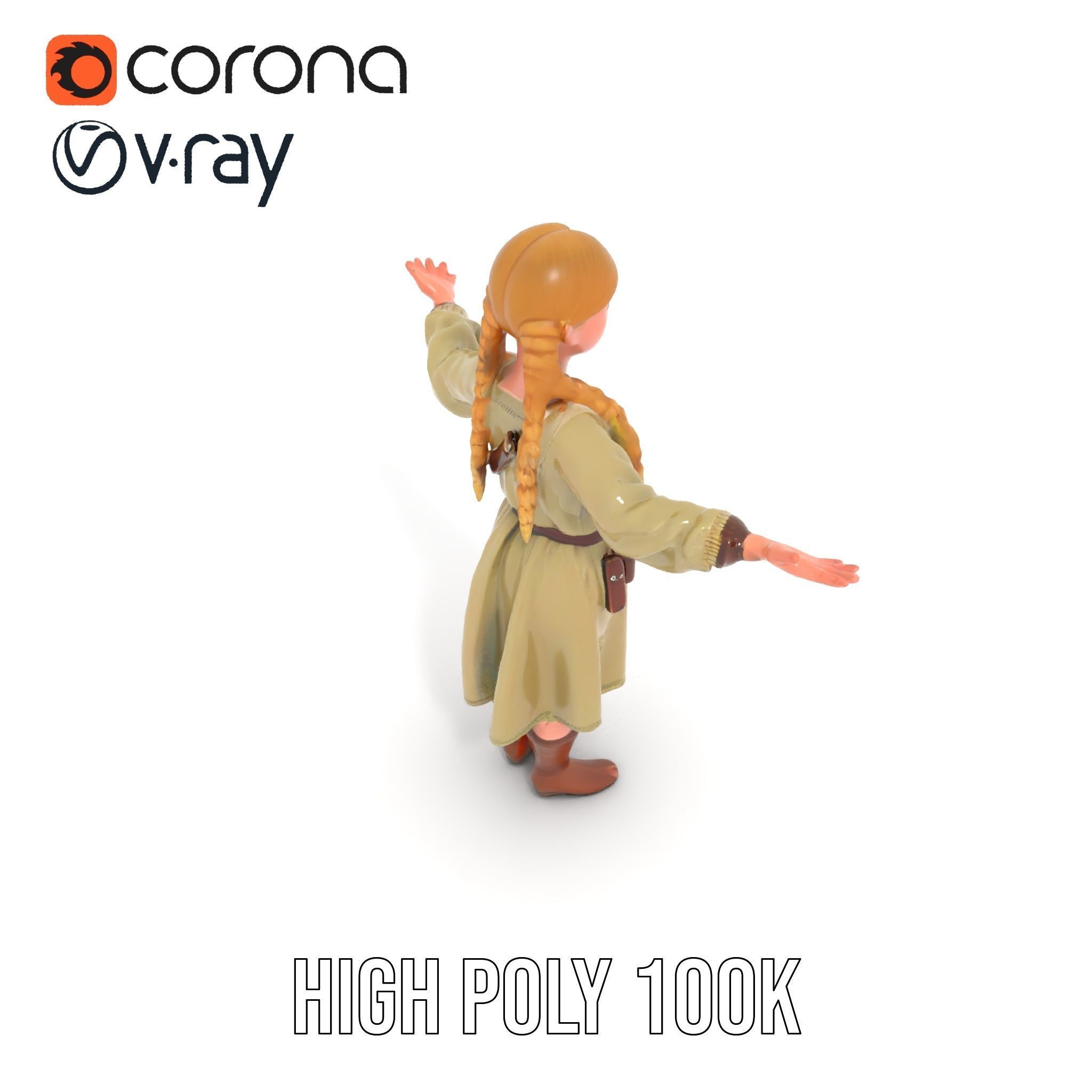 Medieval Female Adventurer Character Rigged and Animated Low-poly 3D model_12