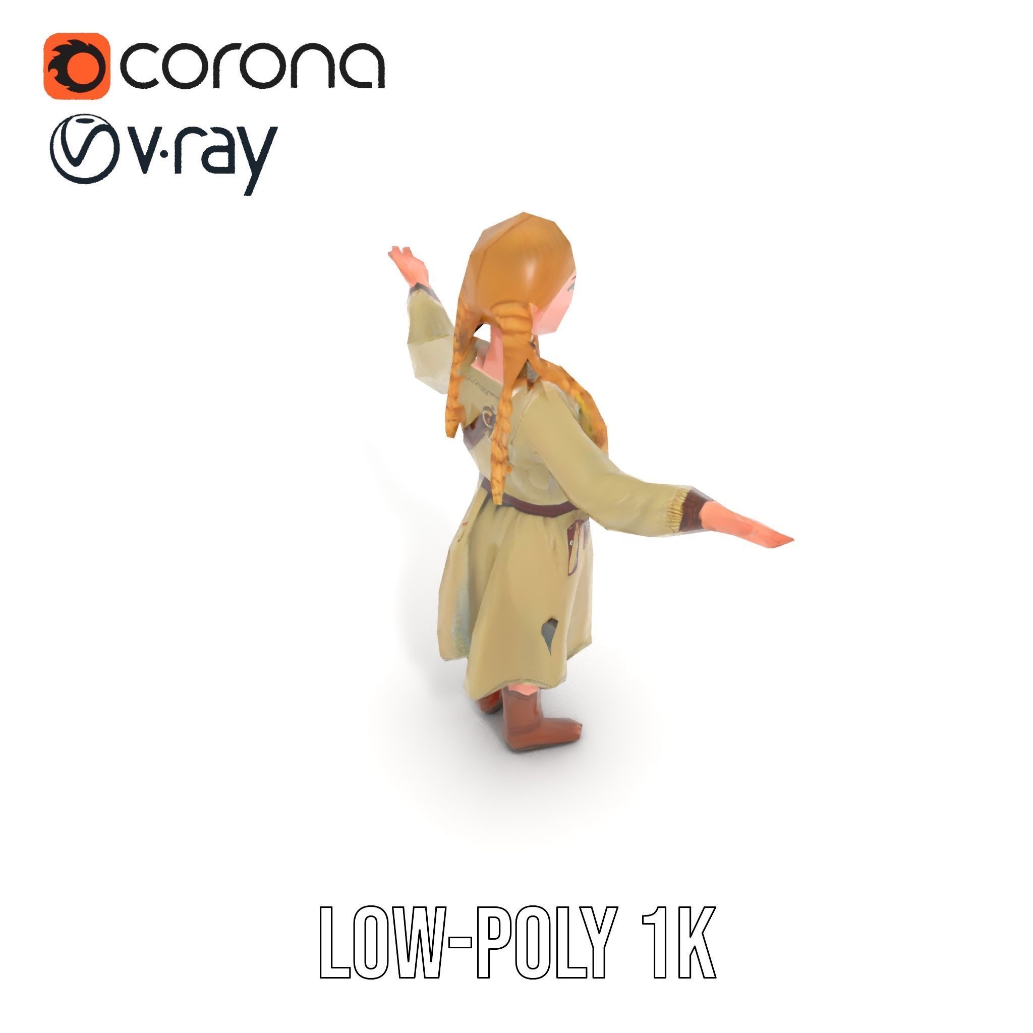 Medieval Female Adventurer Character Rigged and Animated Low-poly 3D model_20