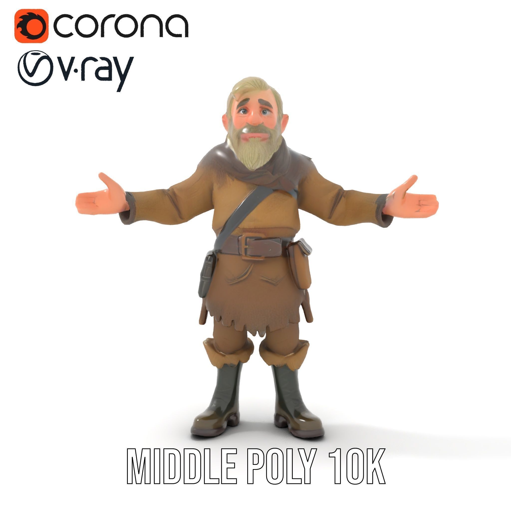 Bearded Adventurer Man Rigged and Animated Low-poly 3D model_14