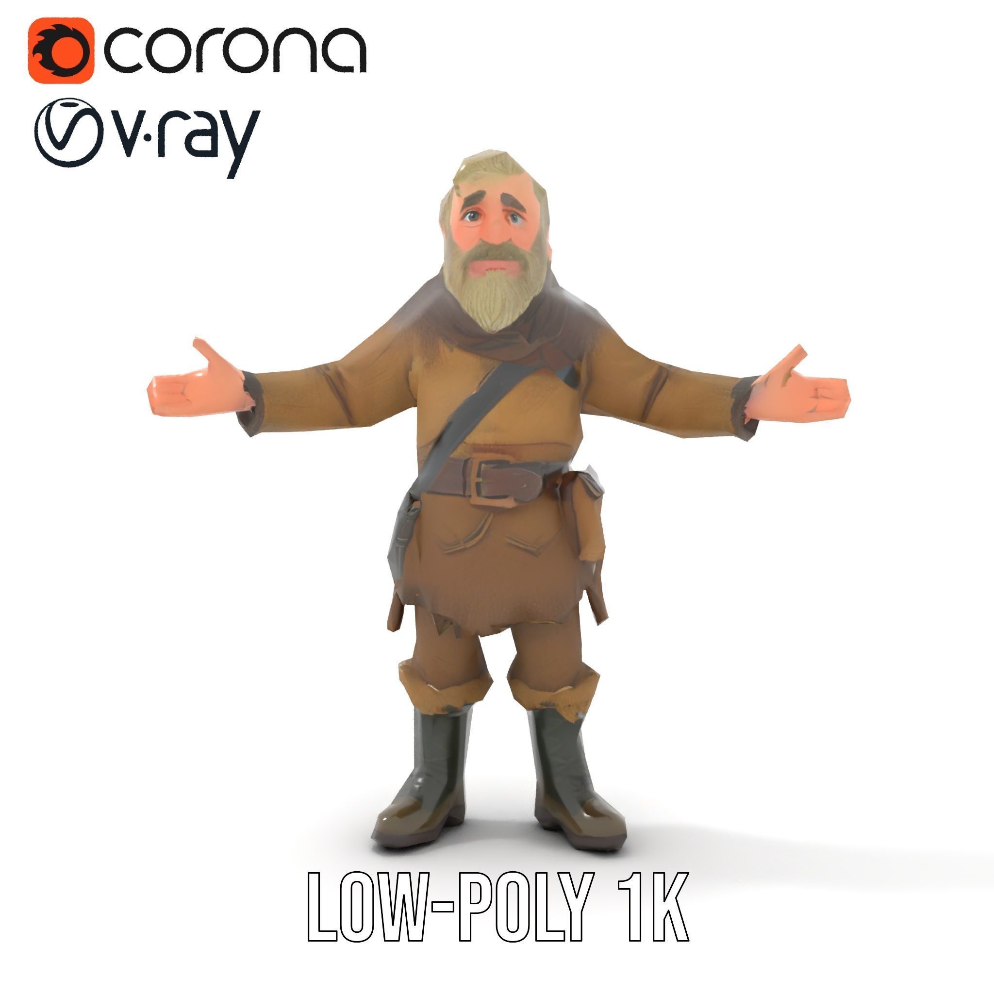 Bearded Adventurer Man Rigged and Animated Low-poly 3D model_18