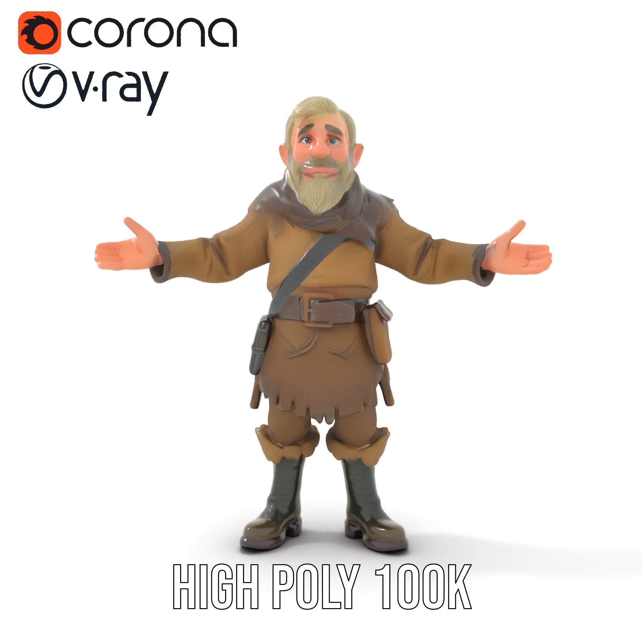 Bearded Adventurer Man Rigged and Animated Low-poly 3D model_24