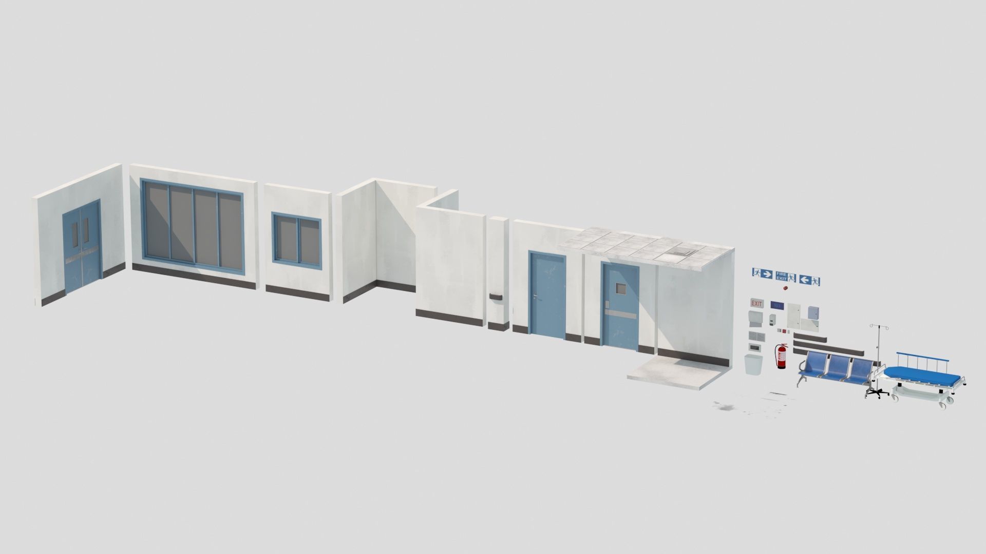 Modular Hospital Corridor Kit Low-poly 3D model_20