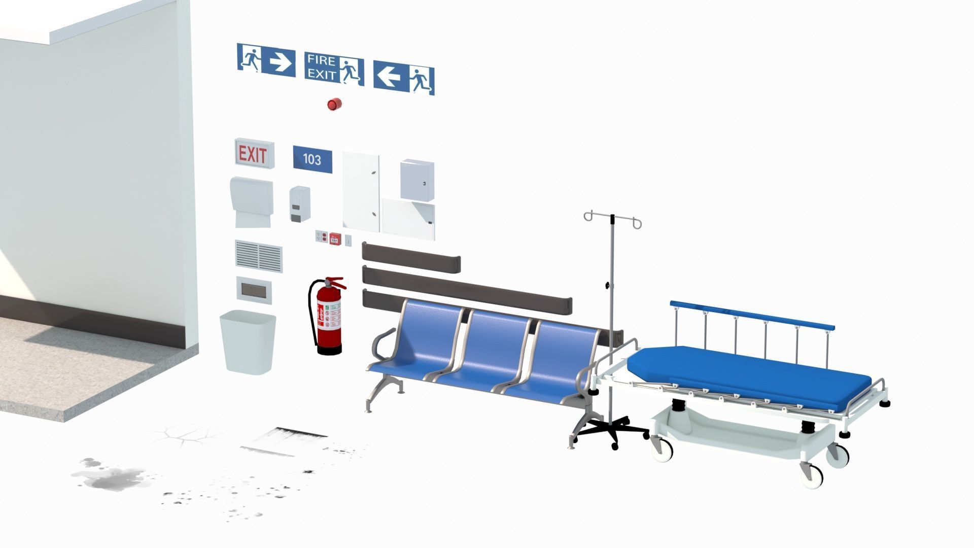 Modular Hospital Corridor Kit Low-poly 3D model_16
