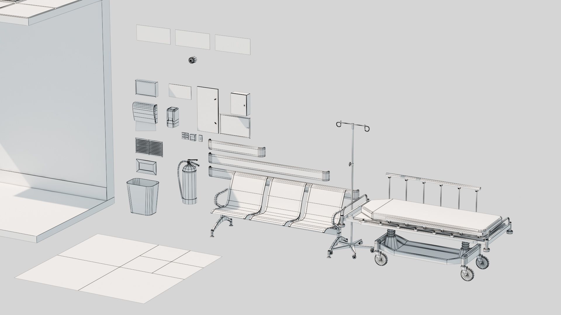 Modular Hospital Corridor Kit Low-poly 3D model_22
