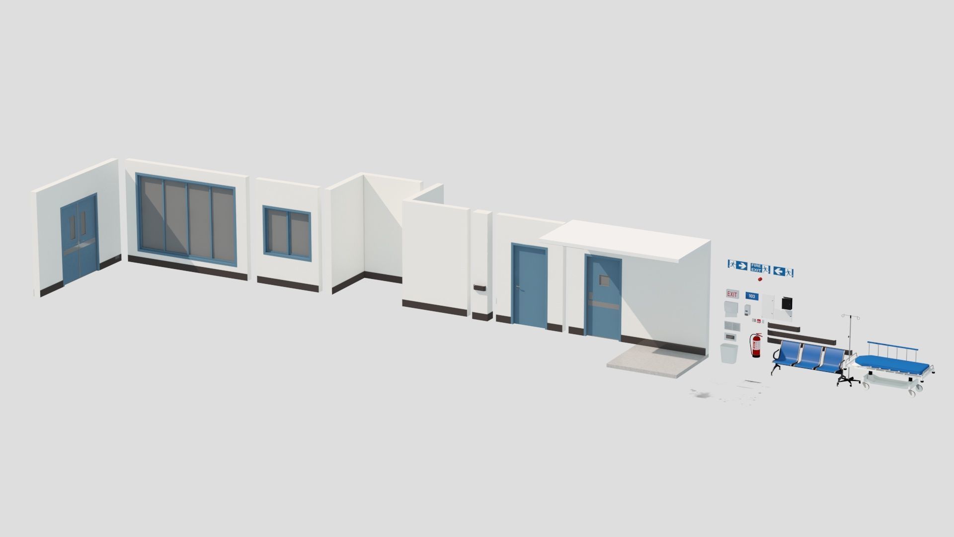 Modular Hospital Corridor Kit Low-poly 3D model_15