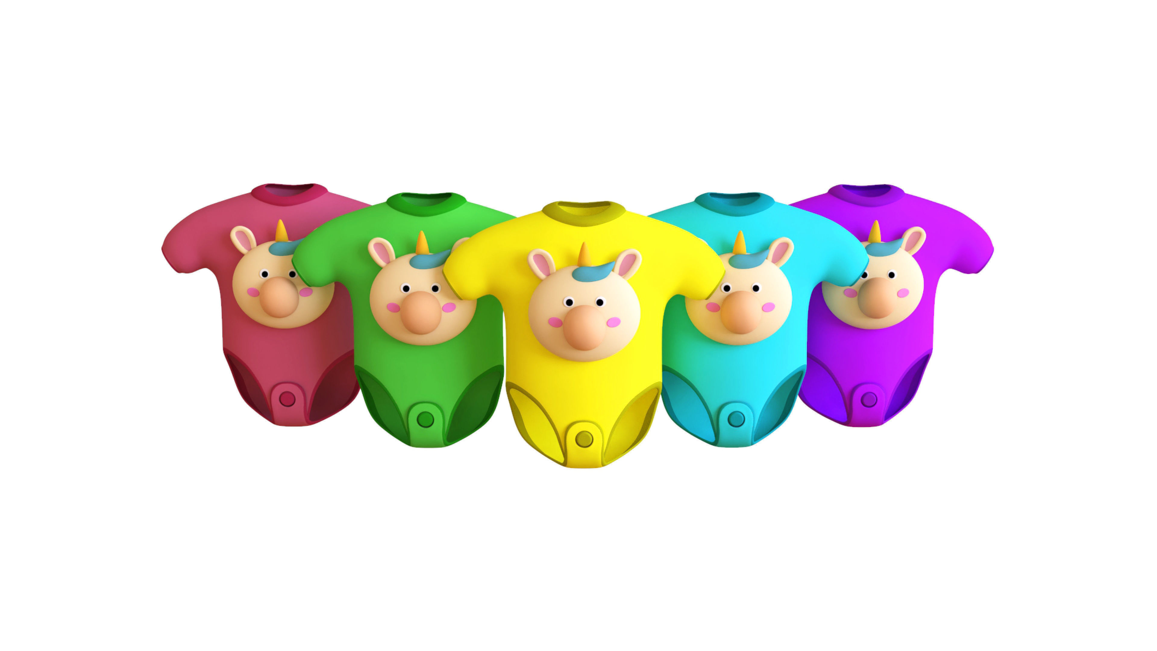 Cute Unicorn Baby Bodysuit 3D Models - Colorful Set Low-poly 3D model_1