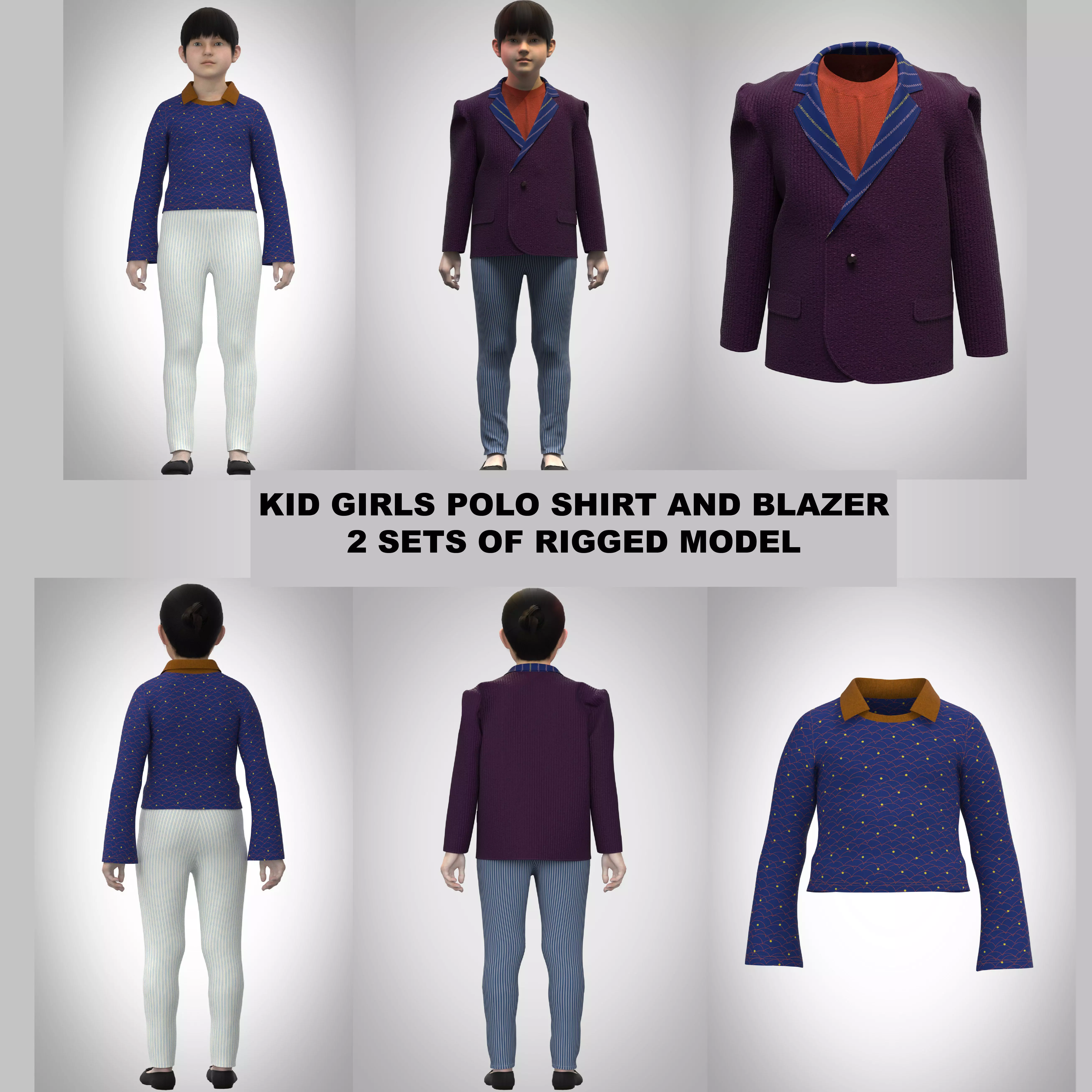 Kid girls Polo tshirt and blazer 2 sets of Model Low-poly 3D model_0