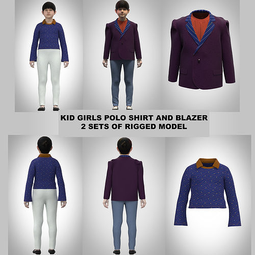 Kid girls Polo tshirt and blazer 2 sets of Rigged Model  Low-poly 3D model