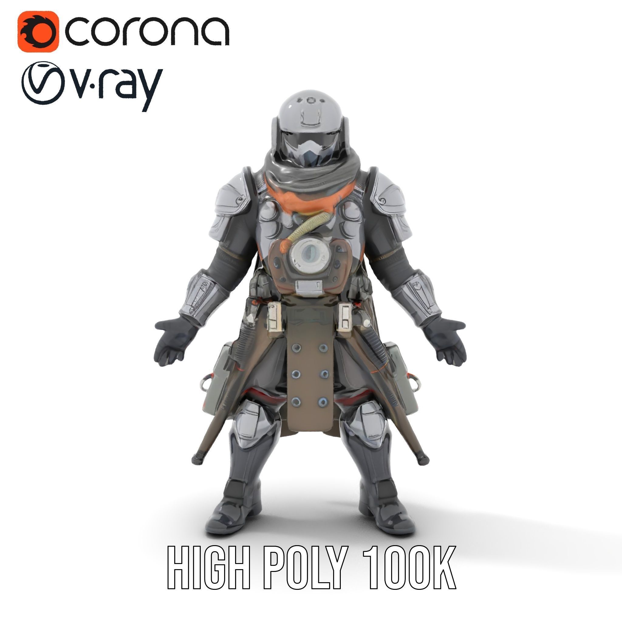 Futuristic Armored Warrior Character Model Rigged and Animated Low-poly 3D model_10