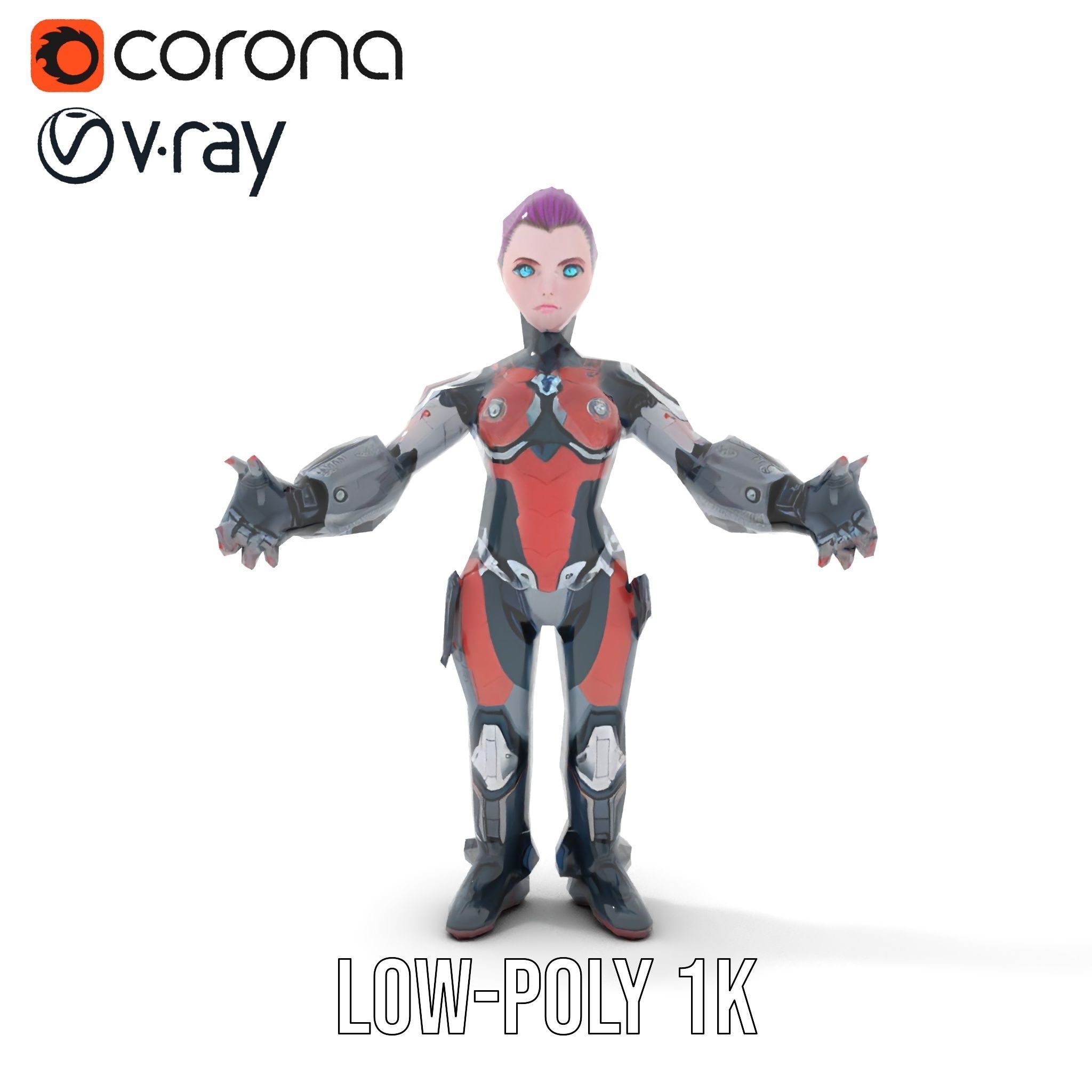 Cyberpunk Warrior Female Character Rigged and Animated Low-poly 3D model_31