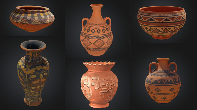 Ancient Terracotta Pot 3D model Bundle pack of 6 Low-poly 3D model