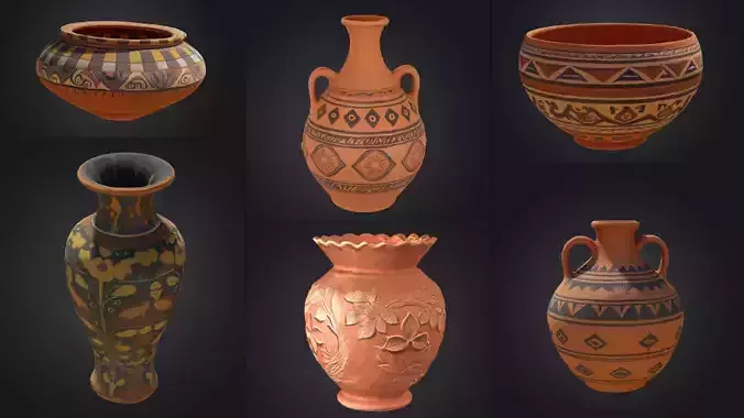 Ancient Terracotta Pot 3D model Bundle pack of 6