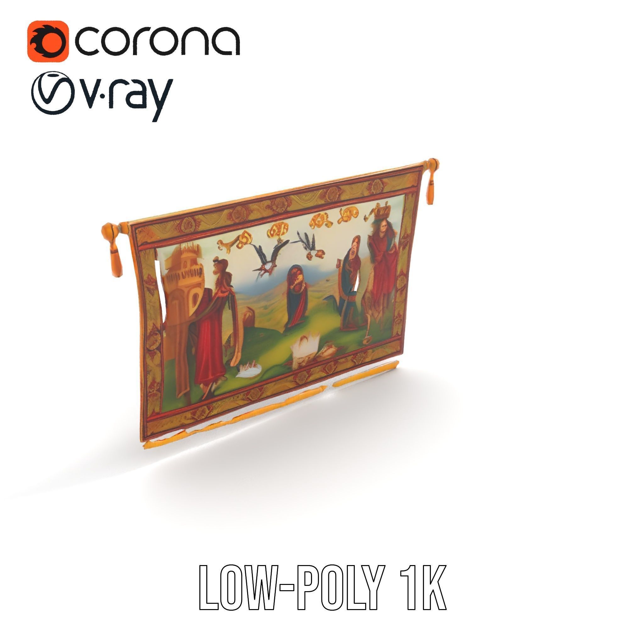 Medieval Tapestry Model Pack with Decorative Rod Low-poly 3D model_22