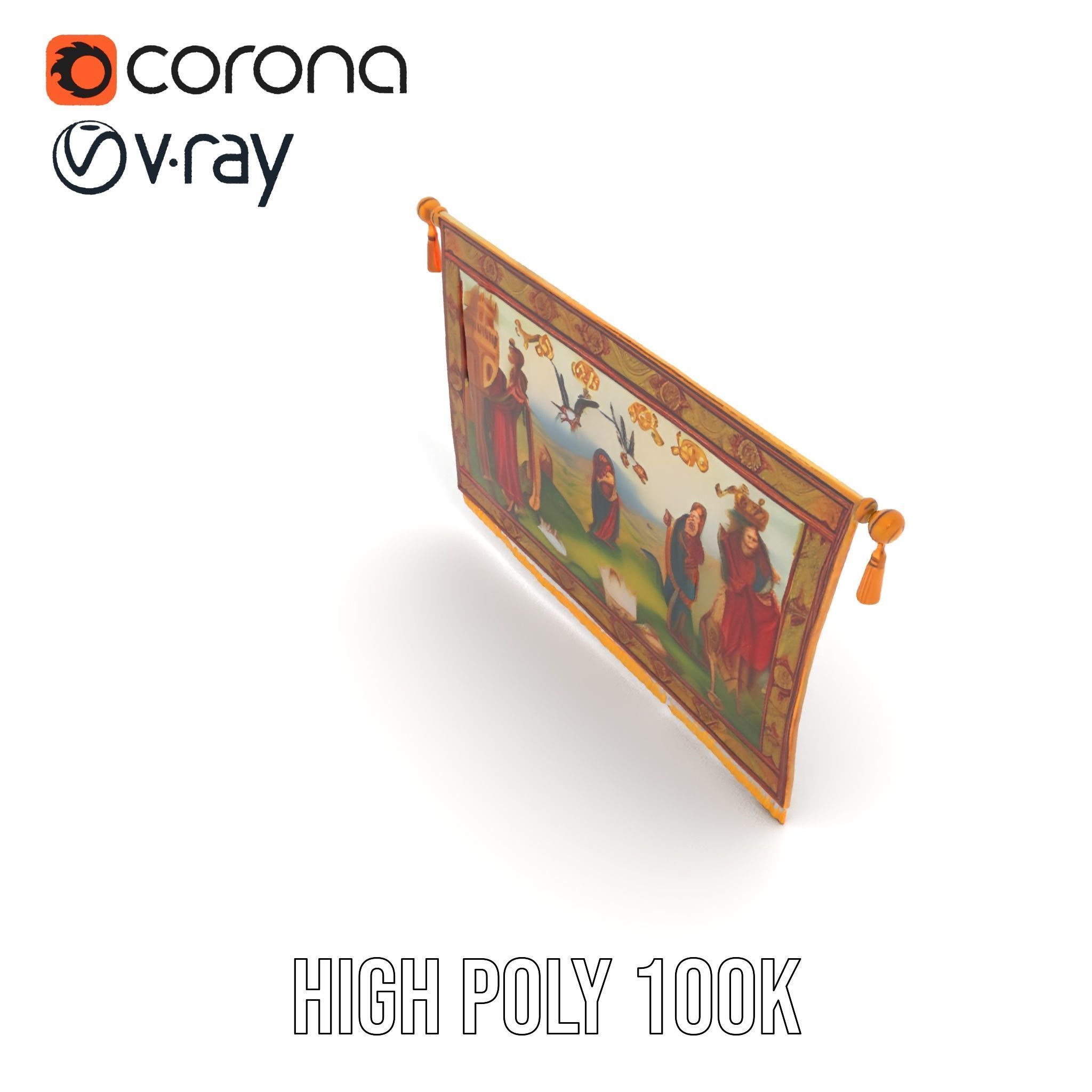Medieval Tapestry Model Pack with Decorative Rod Low-poly 3D model_9