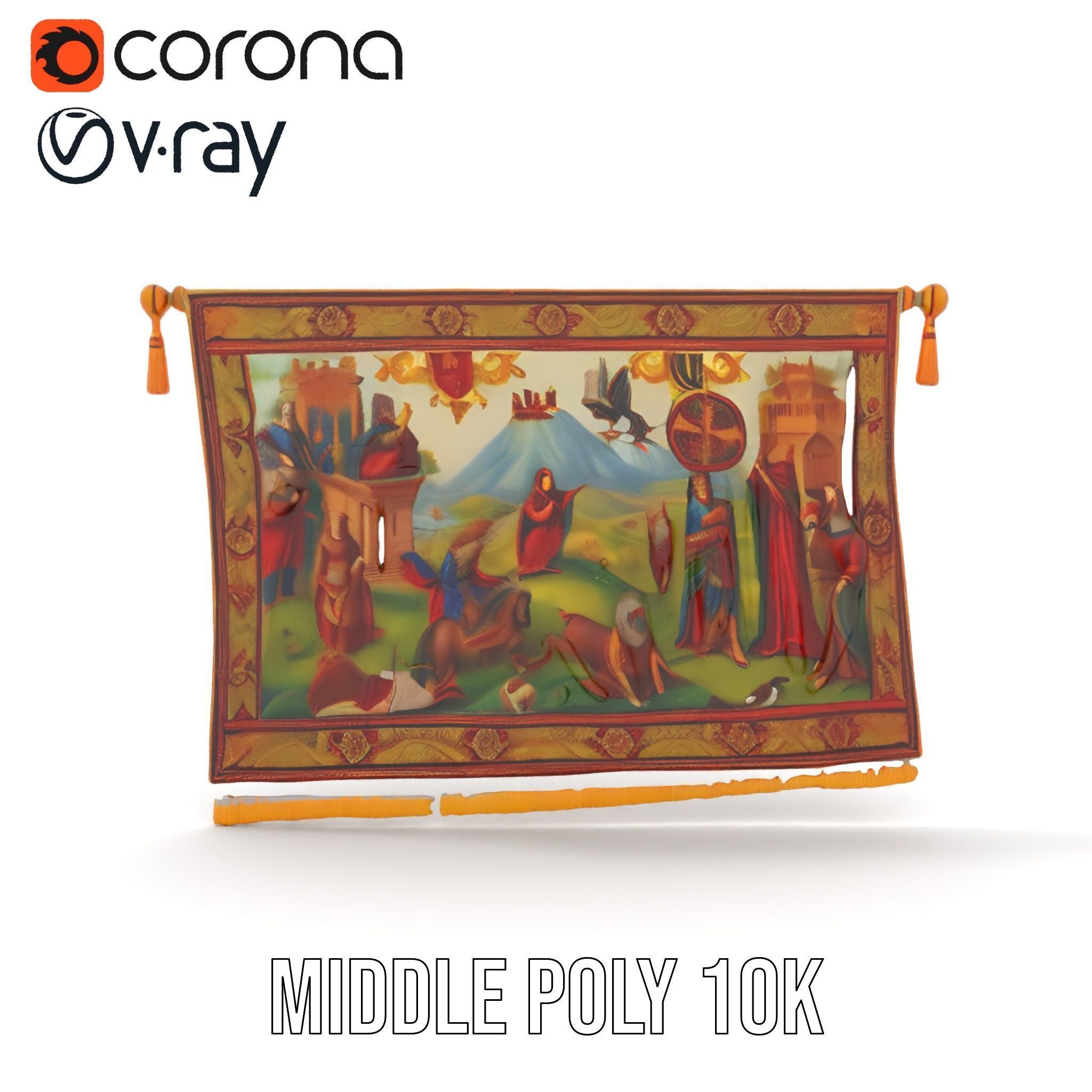 Medieval Tapestry Model Pack with Decorative Rod Low-poly 3D model_24