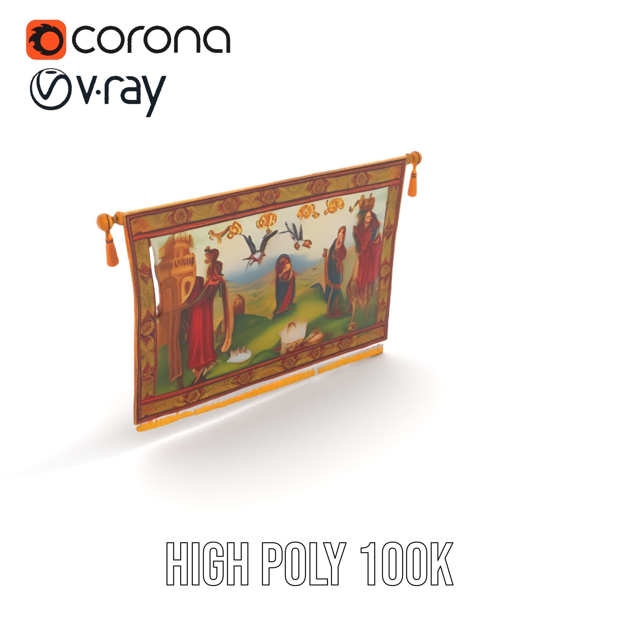 Medieval Tapestry Model Pack with Decorative Rod Low-poly 3D model_20