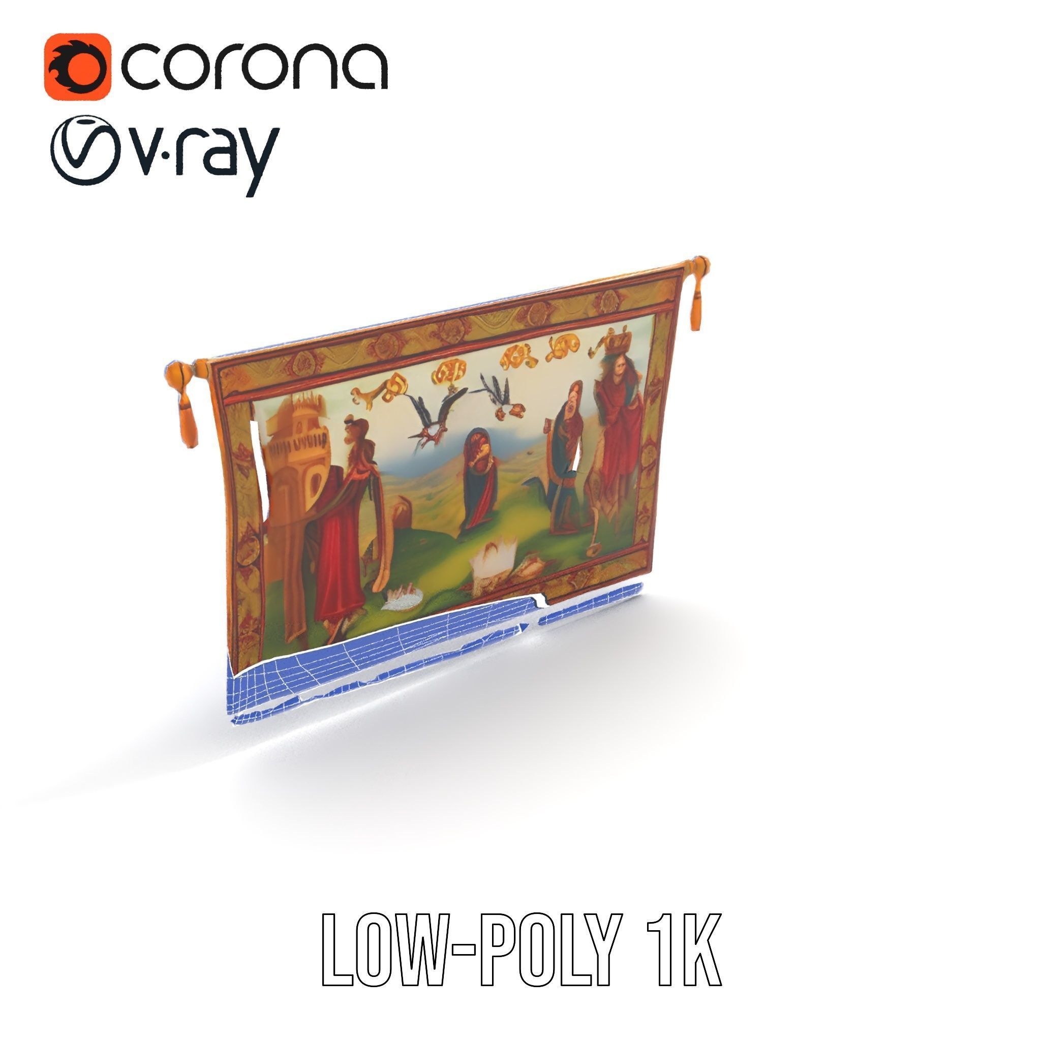 Medieval Tapestry Model Pack with Decorative Rod Low-poly 3D model_7