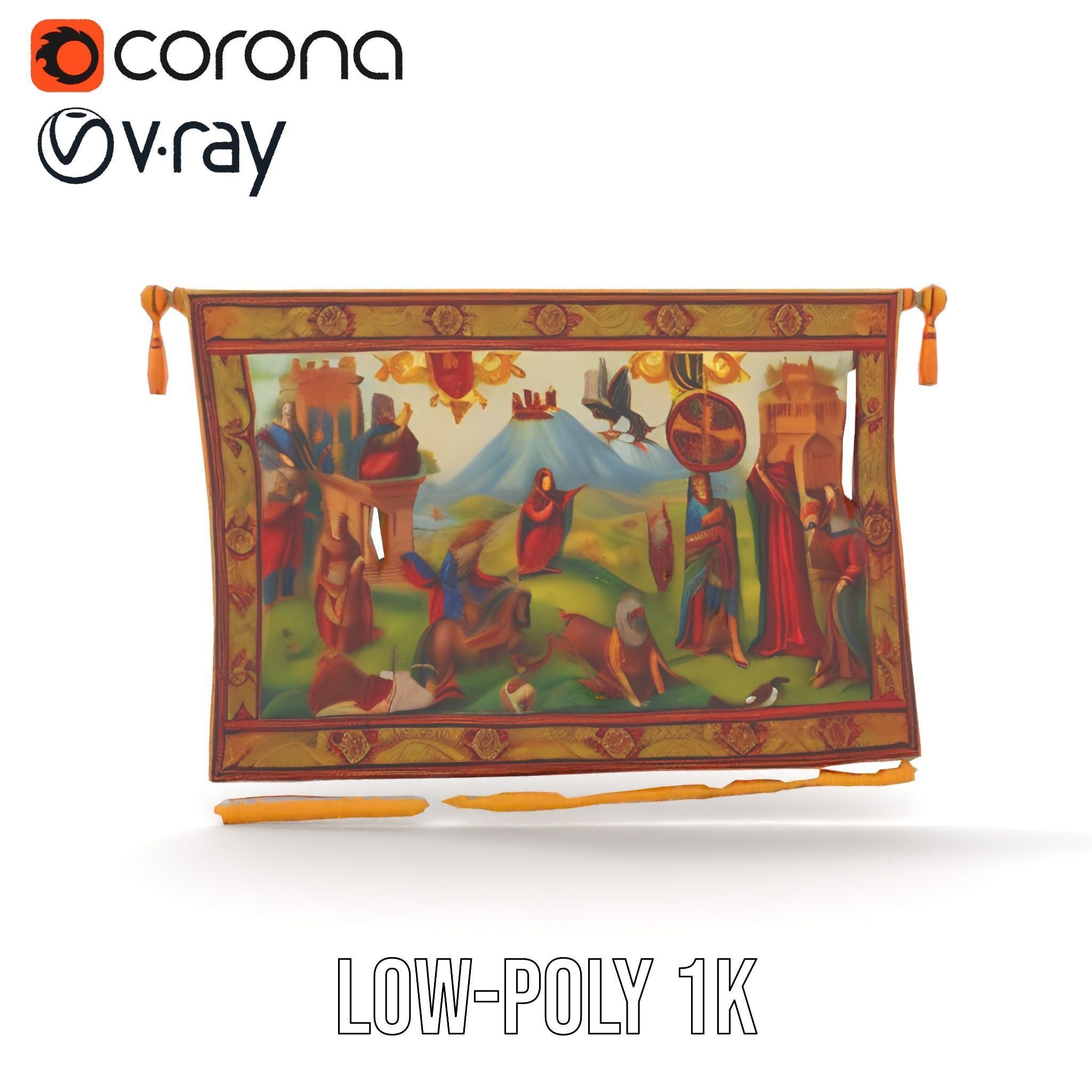 Medieval Tapestry Model Pack with Decorative Rod Low-poly 3D model_11