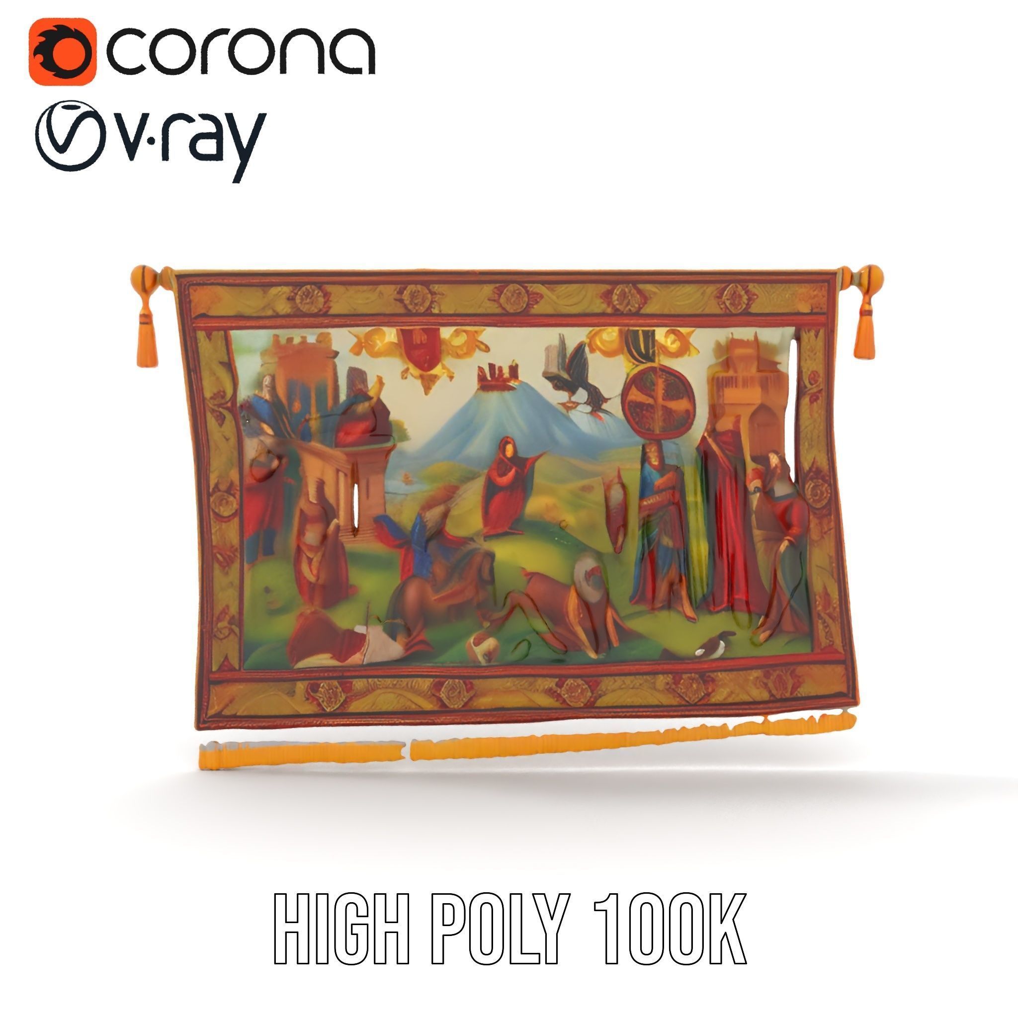 Medieval Tapestry Model Pack with Decorative Rod Low-poly 3D model_26