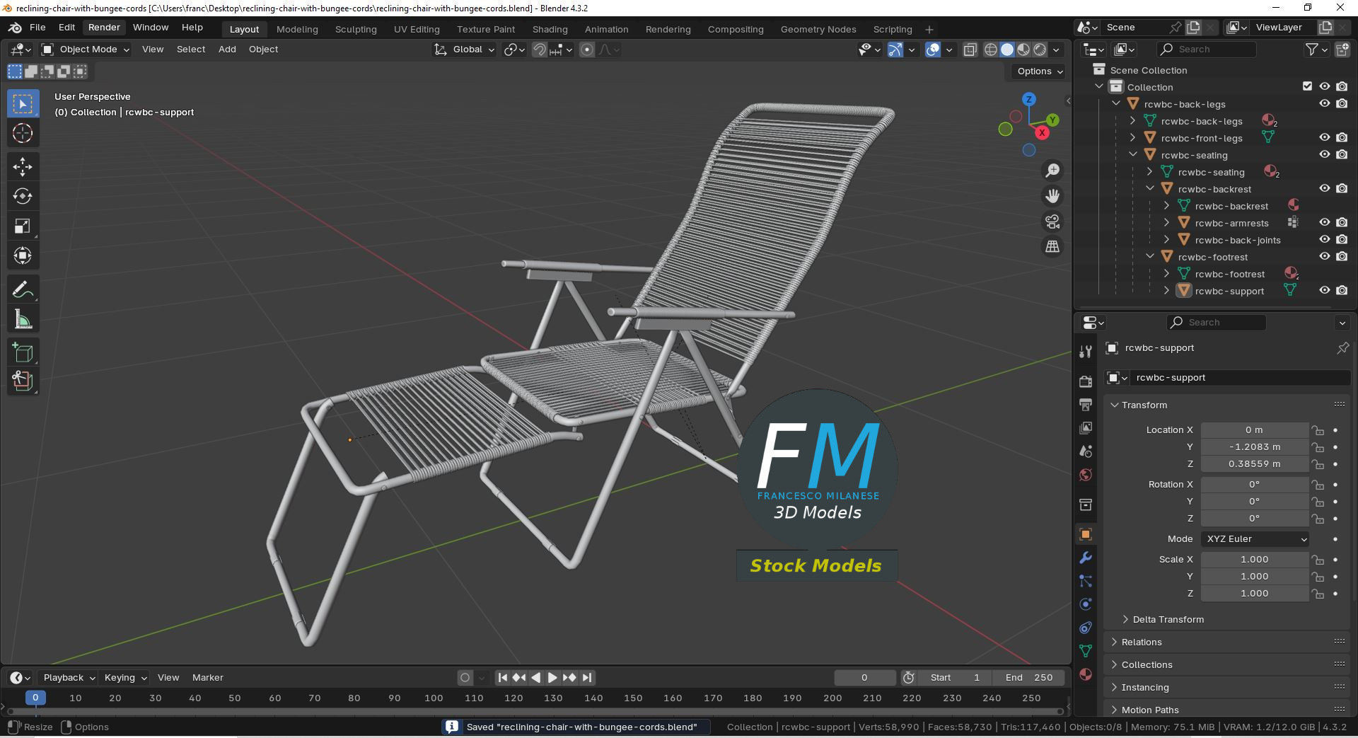 Reclining chair with bungee cords 3D model_9
