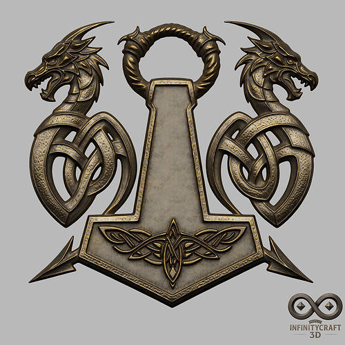 Mjolnir Dragon Crest   Norse 3D Wall Relief for CNC or 3D Print 3D print model