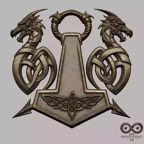 Mjolnir Dragon Crest   Norse 3D Wall Relief for CNC or 3D Print