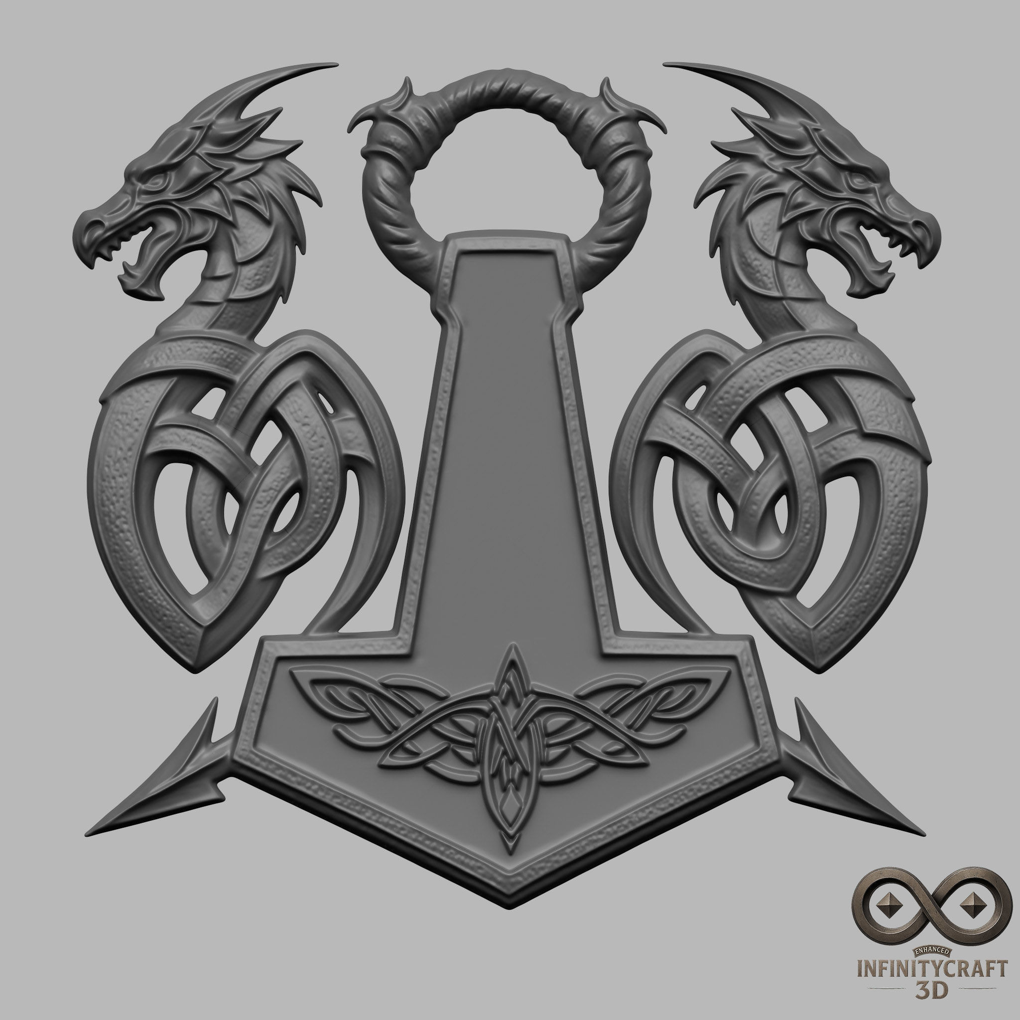 Mjolnir Dragon Crest   Norse 3D Wall Relief for CNC or 3D Print 3D print model_1