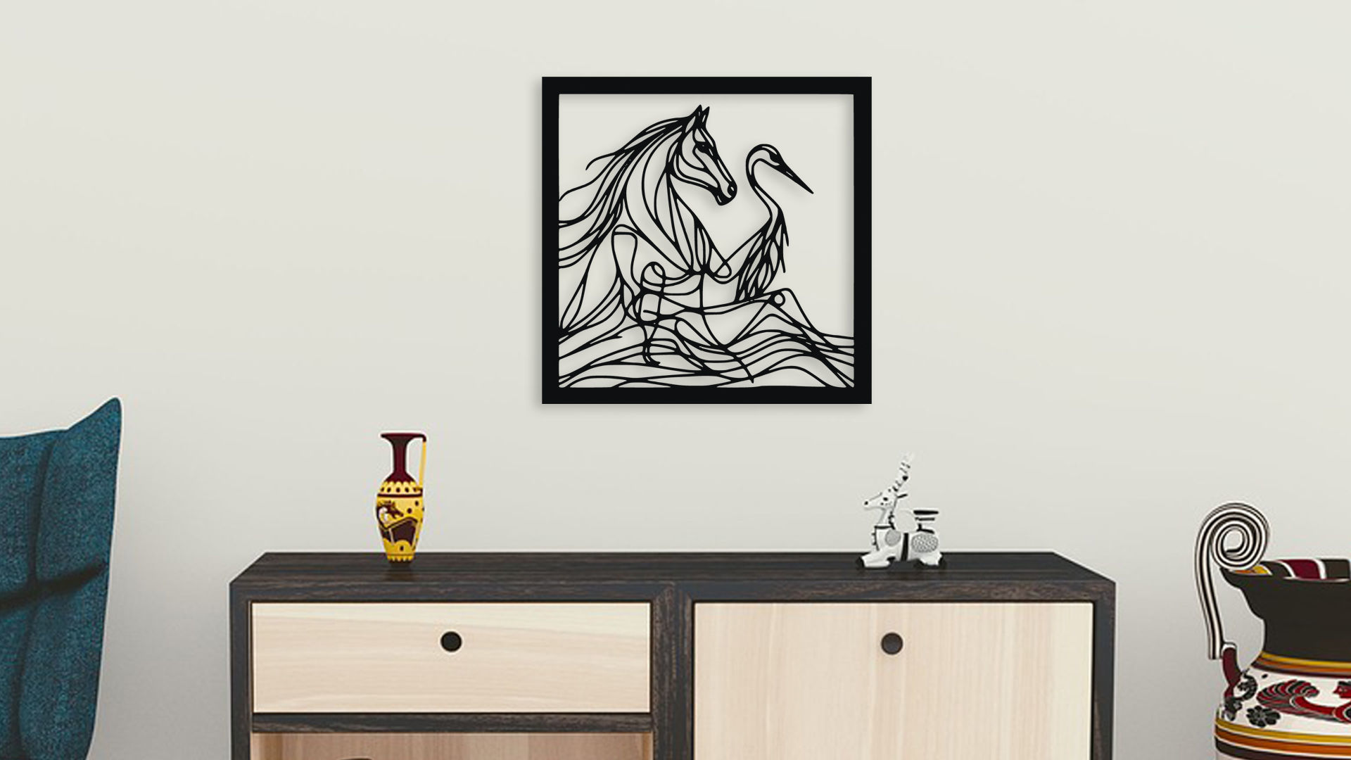 Horse and Heron Abstract Line Art Wall Decor for CNC 3D model_3