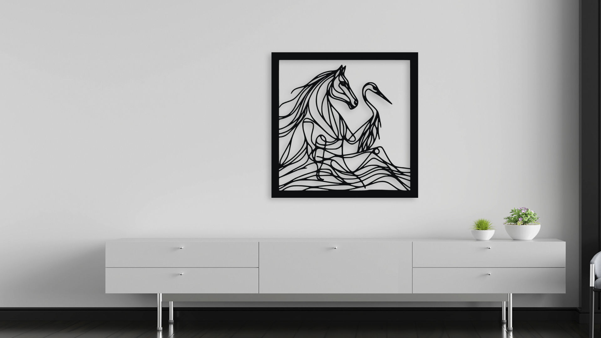 Horse and Heron Abstract Line Art Wall Decor for CNC 3D model_5