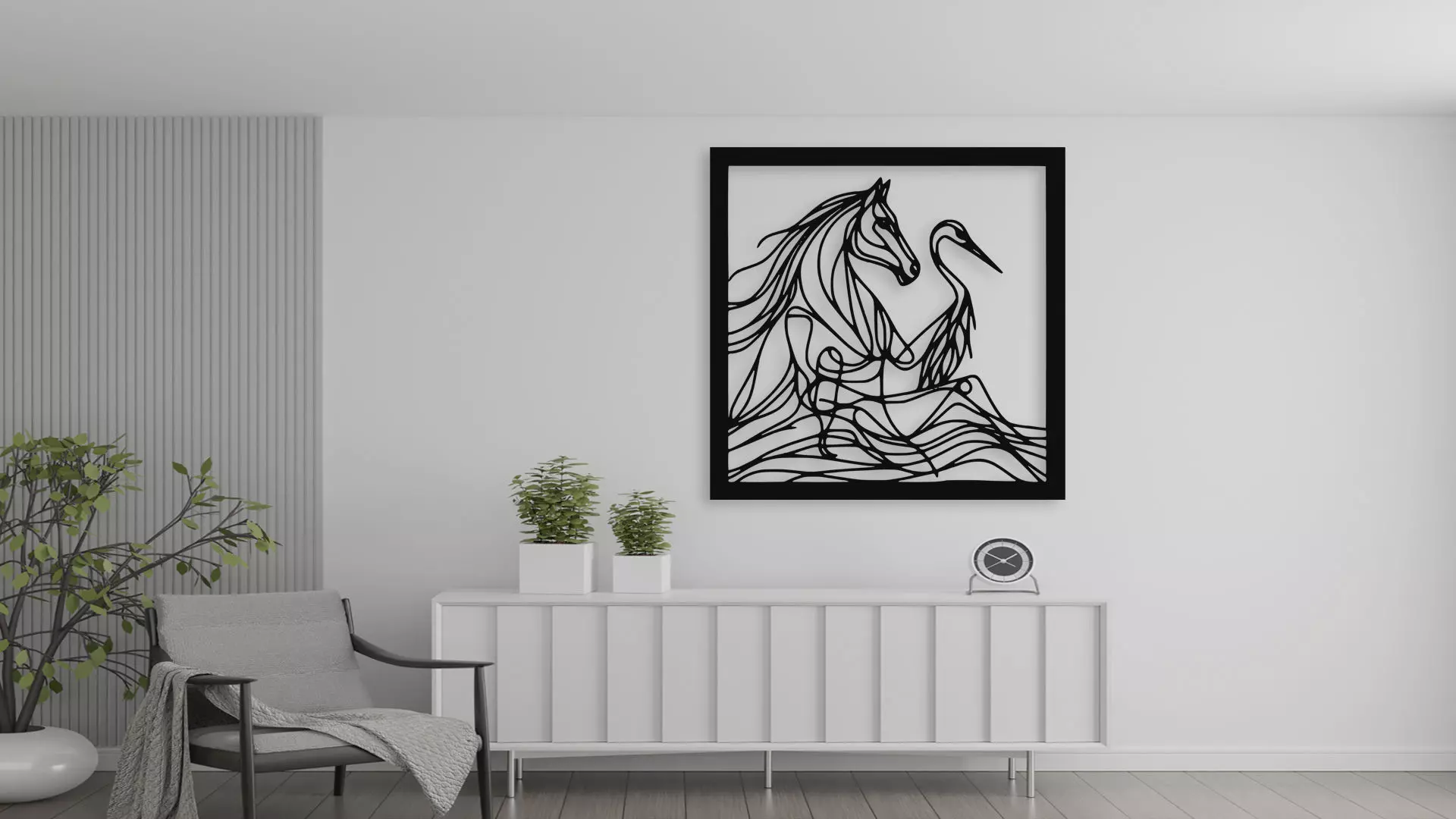 Horse and Heron Abstract Line Art Wall Decor for CNC 3D model_0