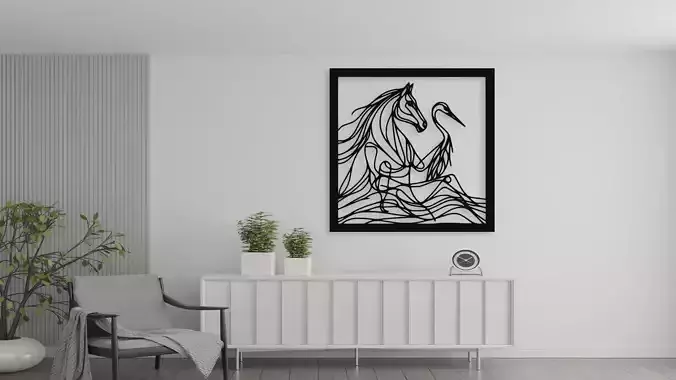 Horse and Heron Abstract Line Art Wall Decor for CNC 