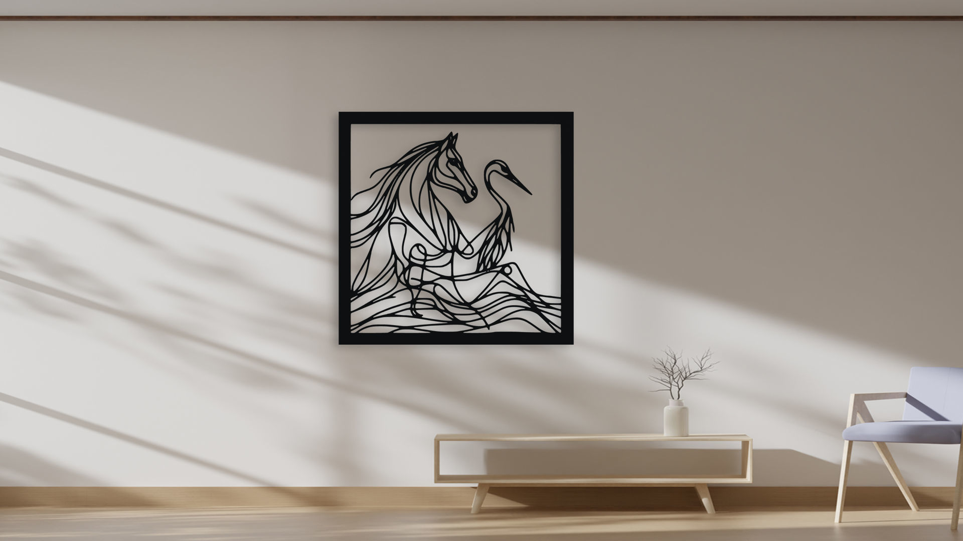 Horse and Heron Abstract Line Art Wall Decor for CNC 3D model_4