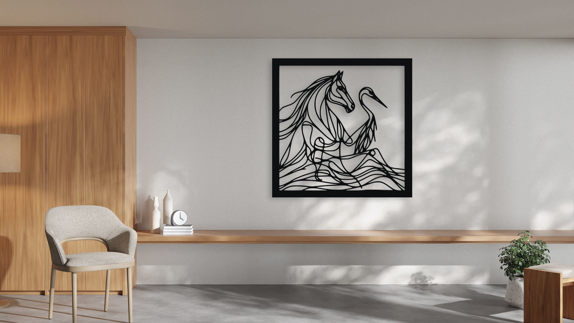 Horse and Heron Abstract Line Art Wall Decor for CNC 3D model_1