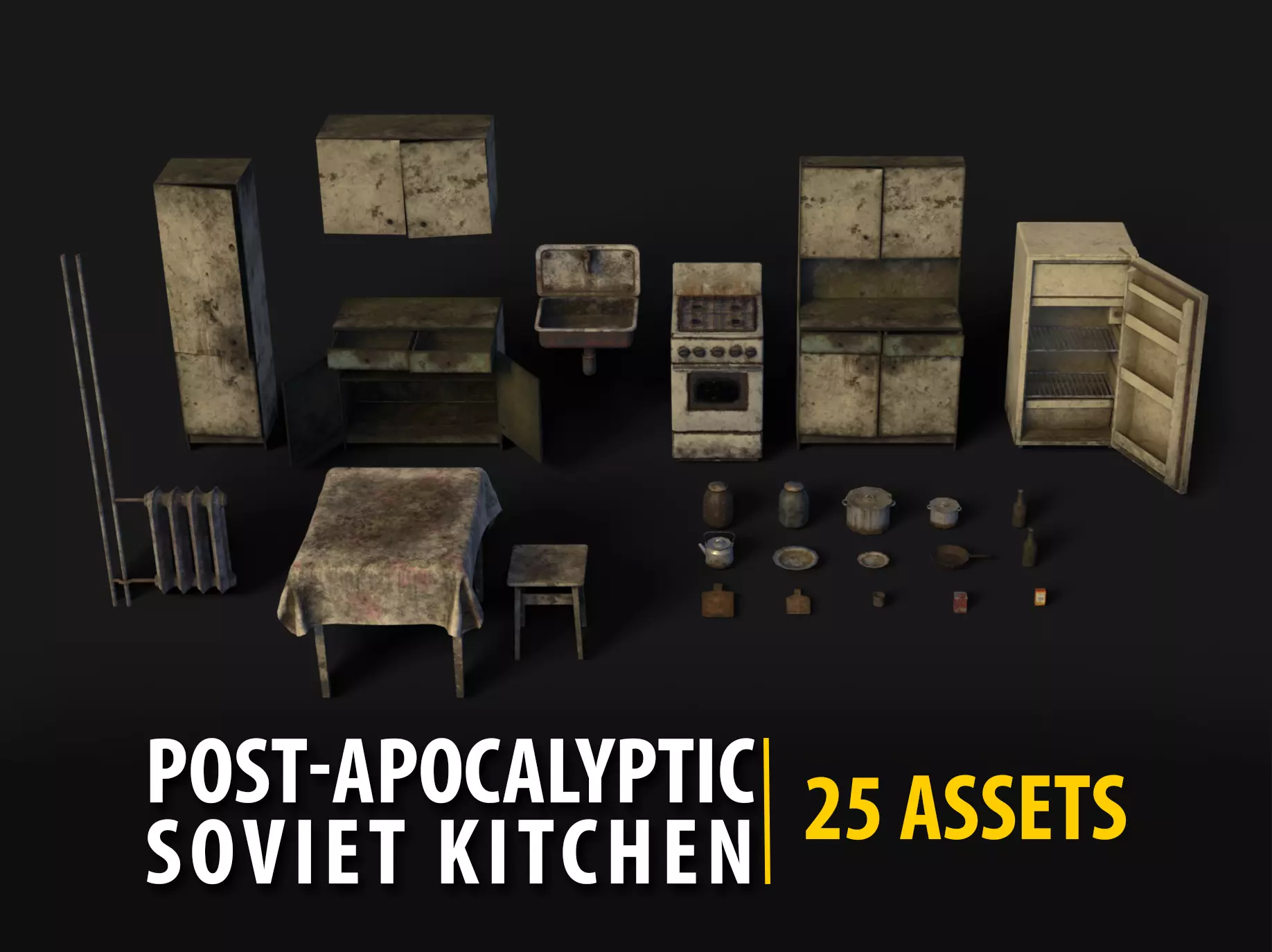 Abandoned Kitchen Furniture Pack - 25 Ruined Game-Ready Props Low-poly 3D model_0